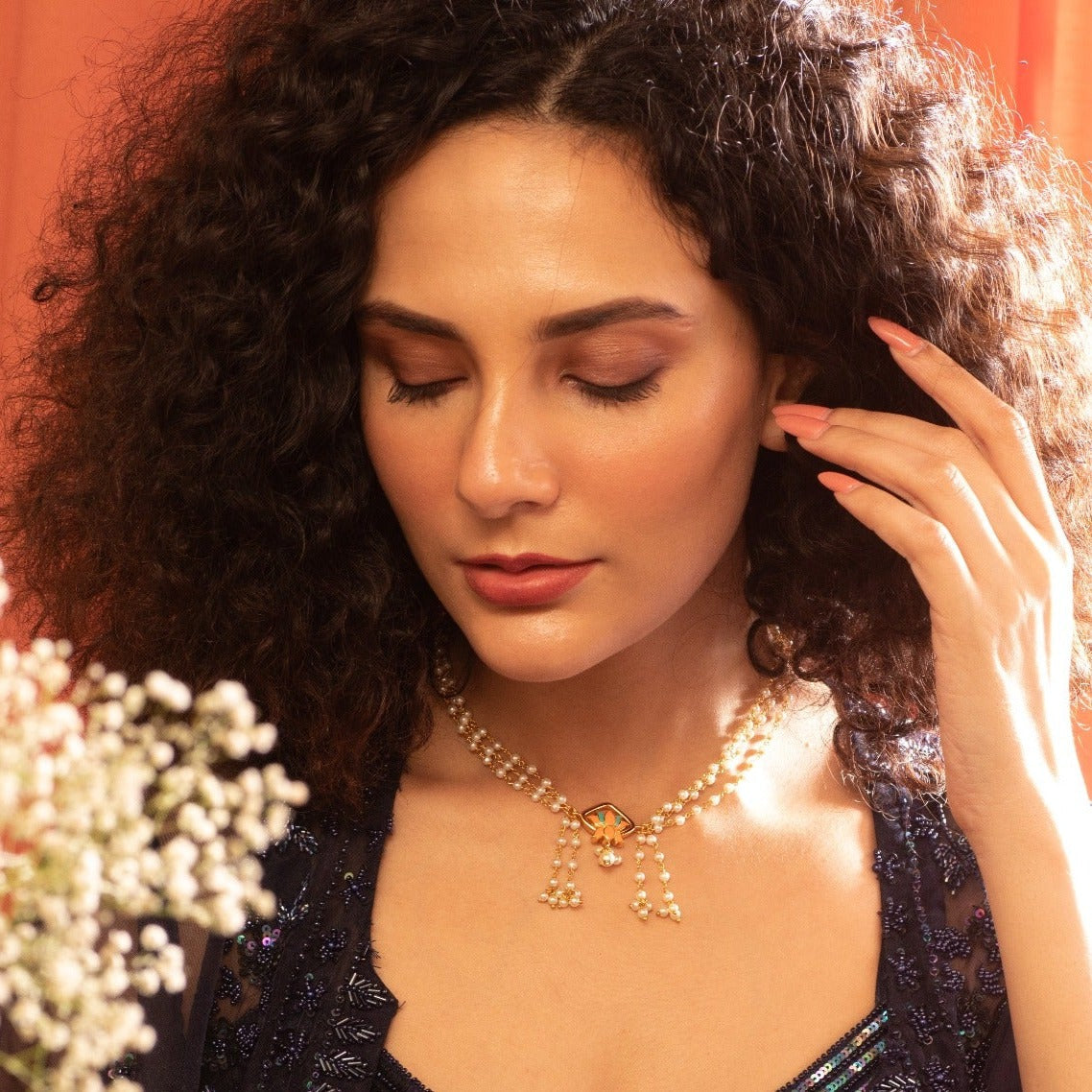 Jalaja Center Lotus Multi Layered Pearl Necklace