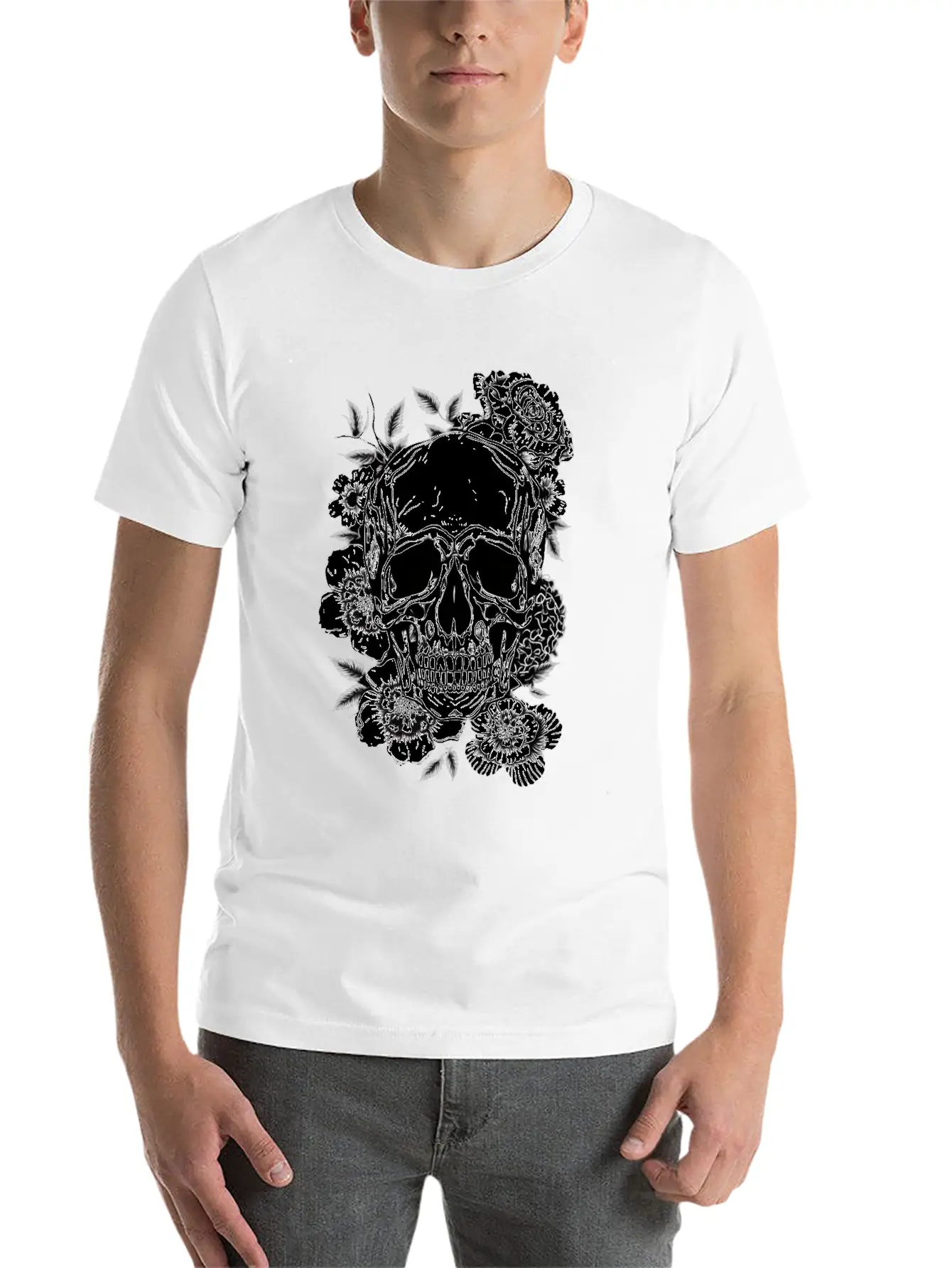 Aesthetic Flowers Skull Art Basic Graphic T-Shirt ¨C Daily Comfort In Soft Cotton