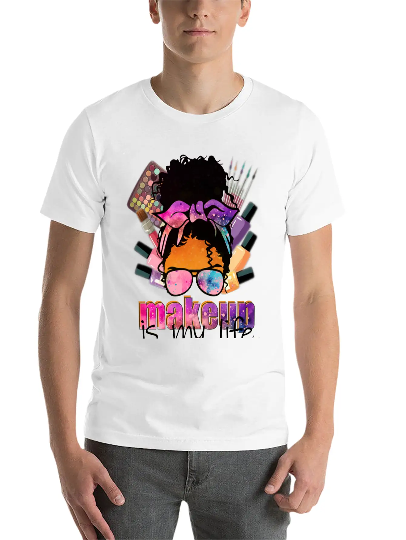 Afro Messy Bun Makeup Basic Graphic T-Shirt ¨C Daily Comfort In Soft Cotton