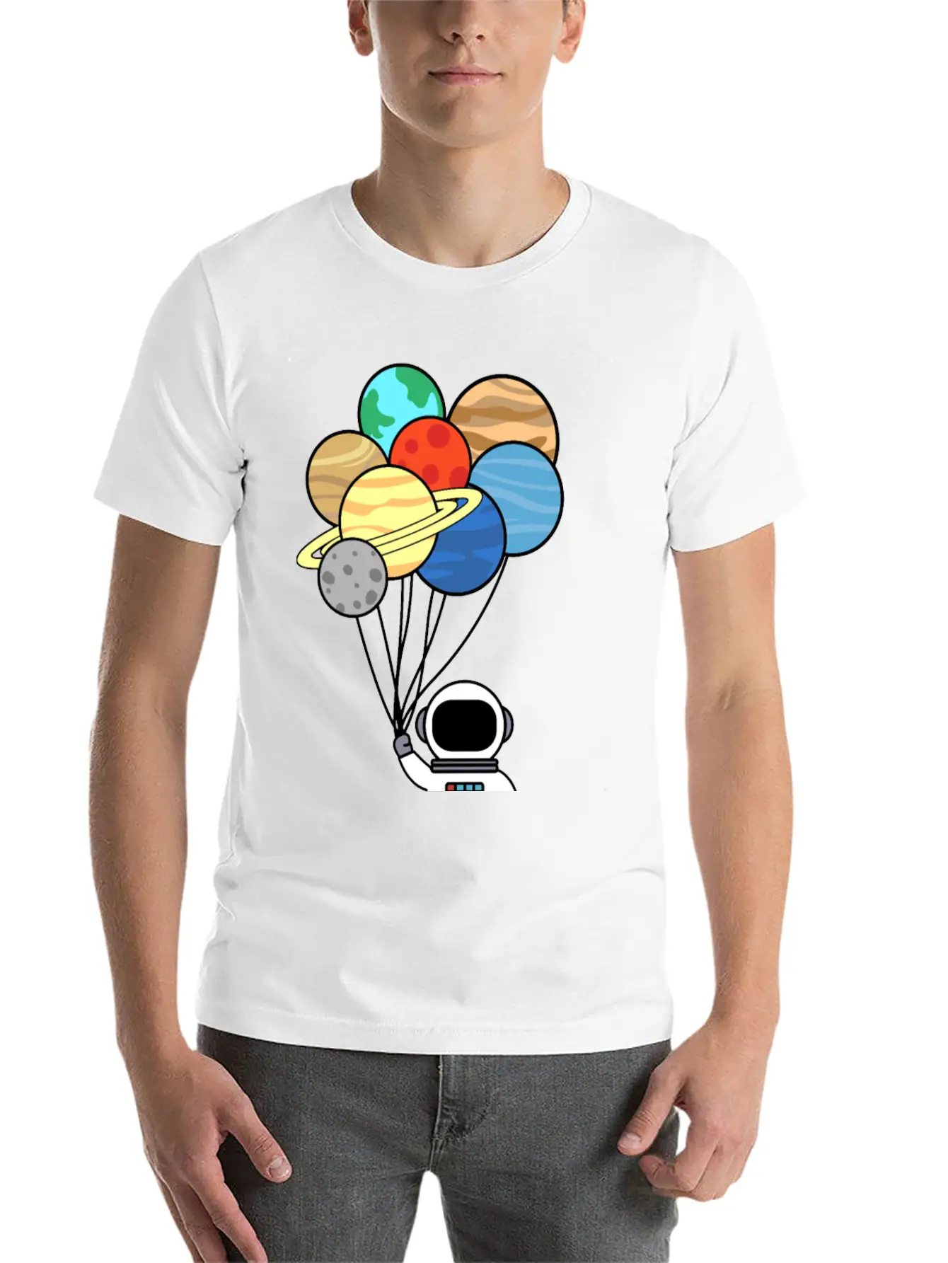 Astronaut With Planet Balloons. Basic Graphic T-Shirt ¨C Daily Comfort In Soft Cotton