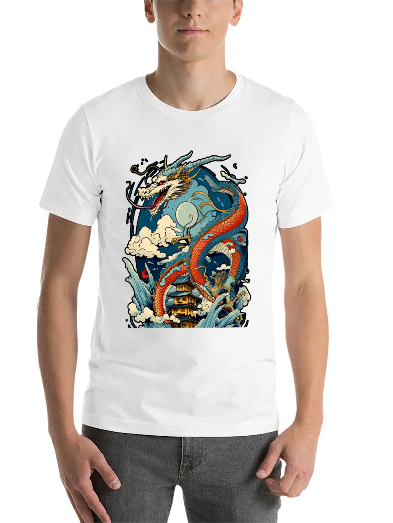 Chinese Dragon Illustration On A Flat Color Basic Graphic T-Shirt ¨C Daily Comfort In Soft Cotton