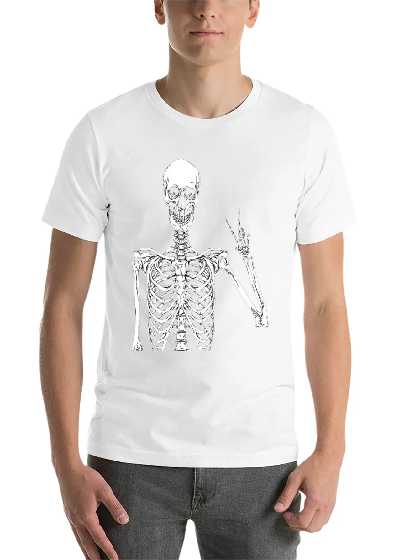 Contemporary Humor: Skeleton Finger Illustration - Basic Graphic T-Shirt ¨C Daily Comfort In Soft Cotton