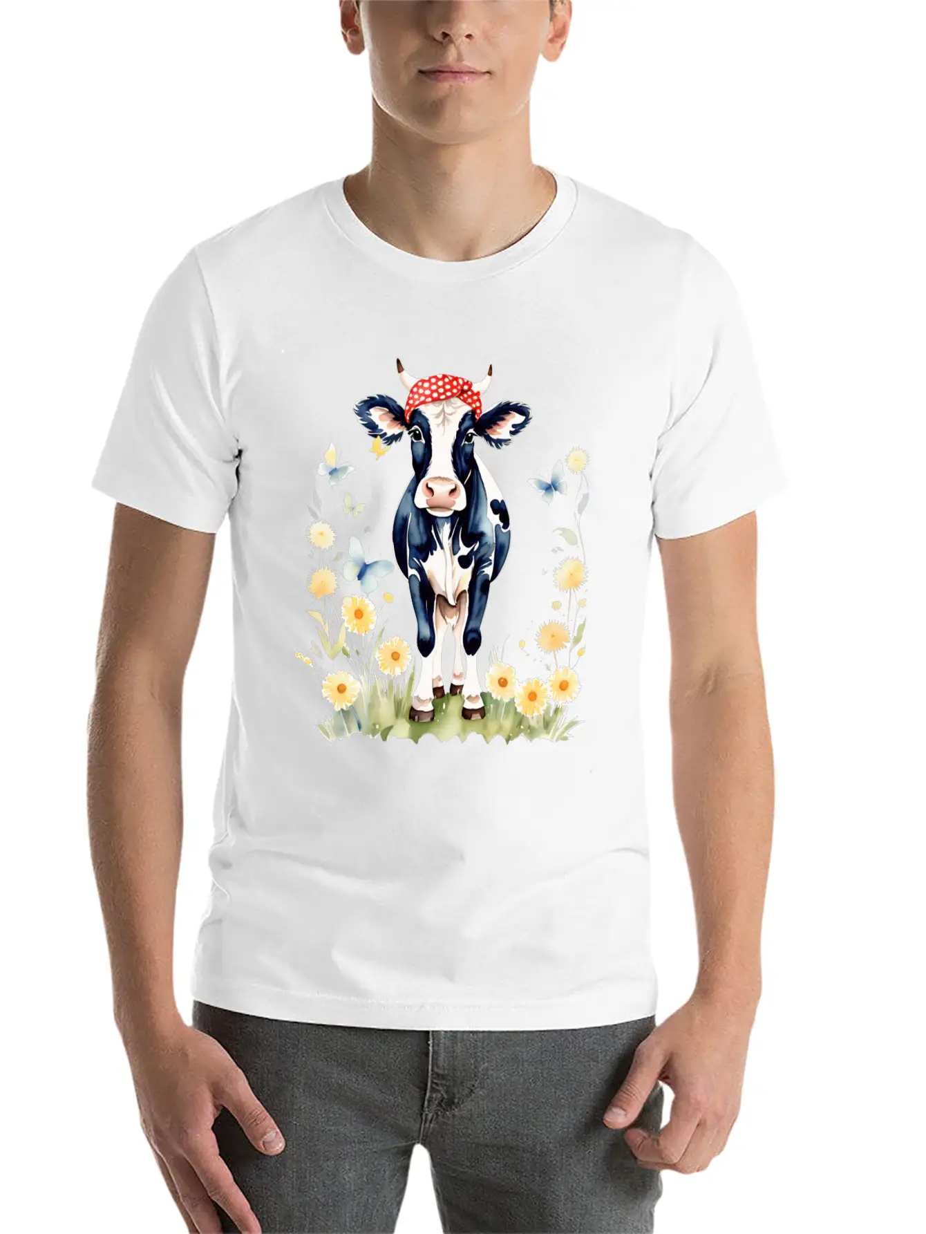 Cute Watercolor Cow In Flower Field Essential Cotton Tee For Daily Outfits ¨C Unisex Style