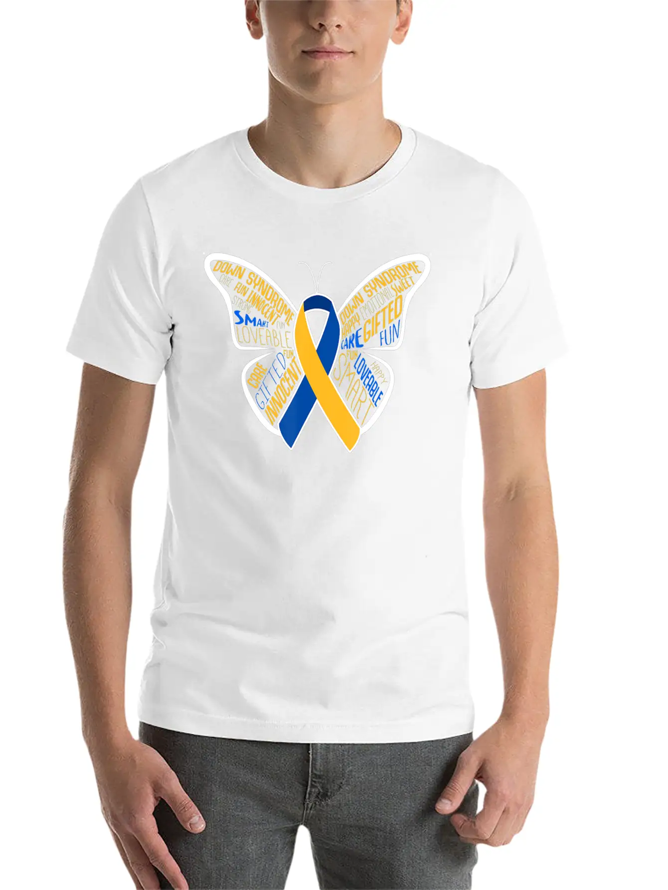 Down Syndrome Awareness Month Butterfly Word Cloud Essential Cotton Tee For Daily Outfits ¨C Unisex Style