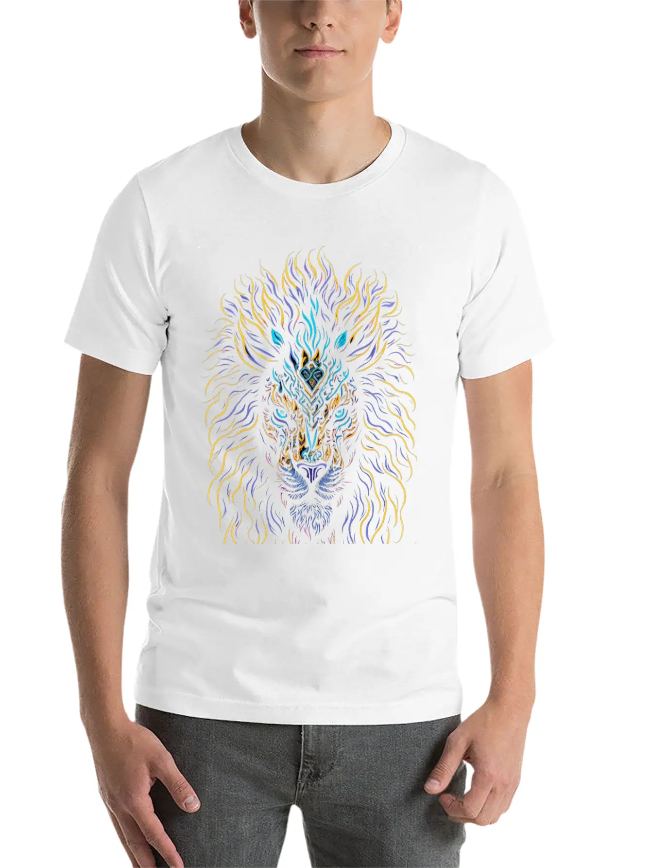 Neon Color Ornamental Lion Head Essential Cotton Tee For Daily Outfits ¨C Unisex Style
