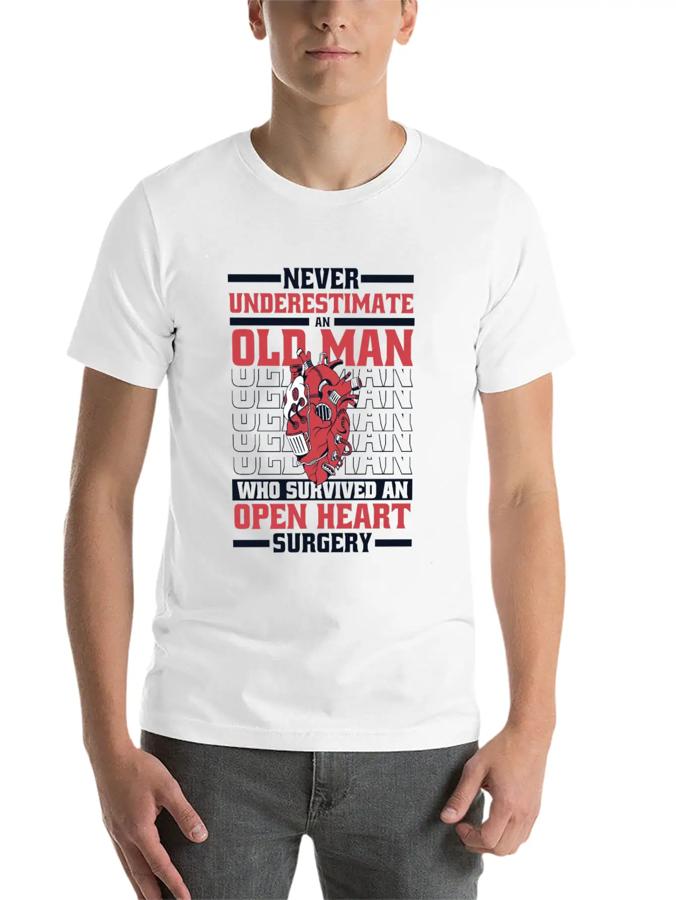 Never Underestimate An Old Man Survived Heart Basic Graphic T-Shirt ¨C Daily Comfort In Soft Cotton