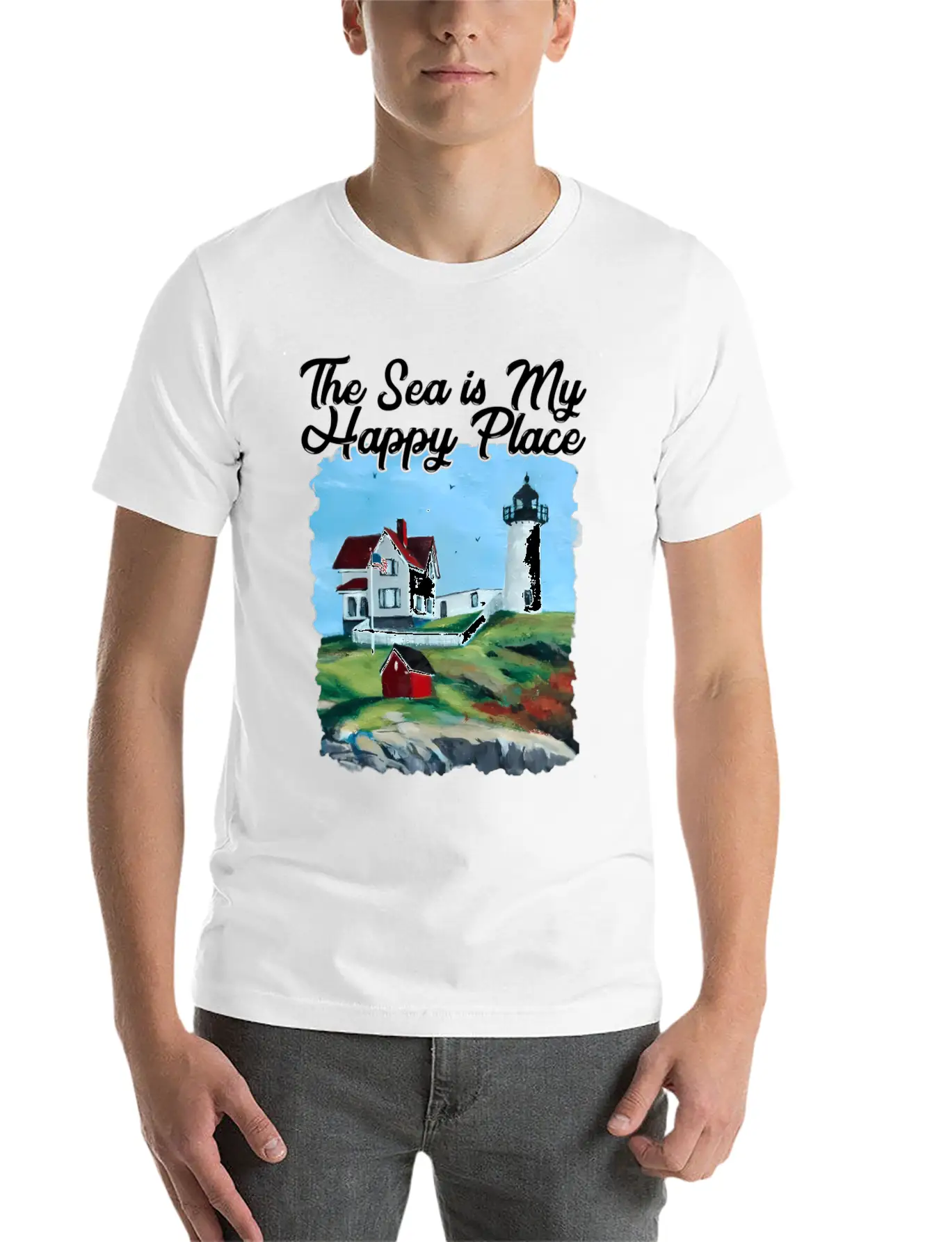 Nubble Lighthouse Maine Lighthouse Painting Summer Essential Cotton Tee For Daily Outfits ¨C Unisex Style