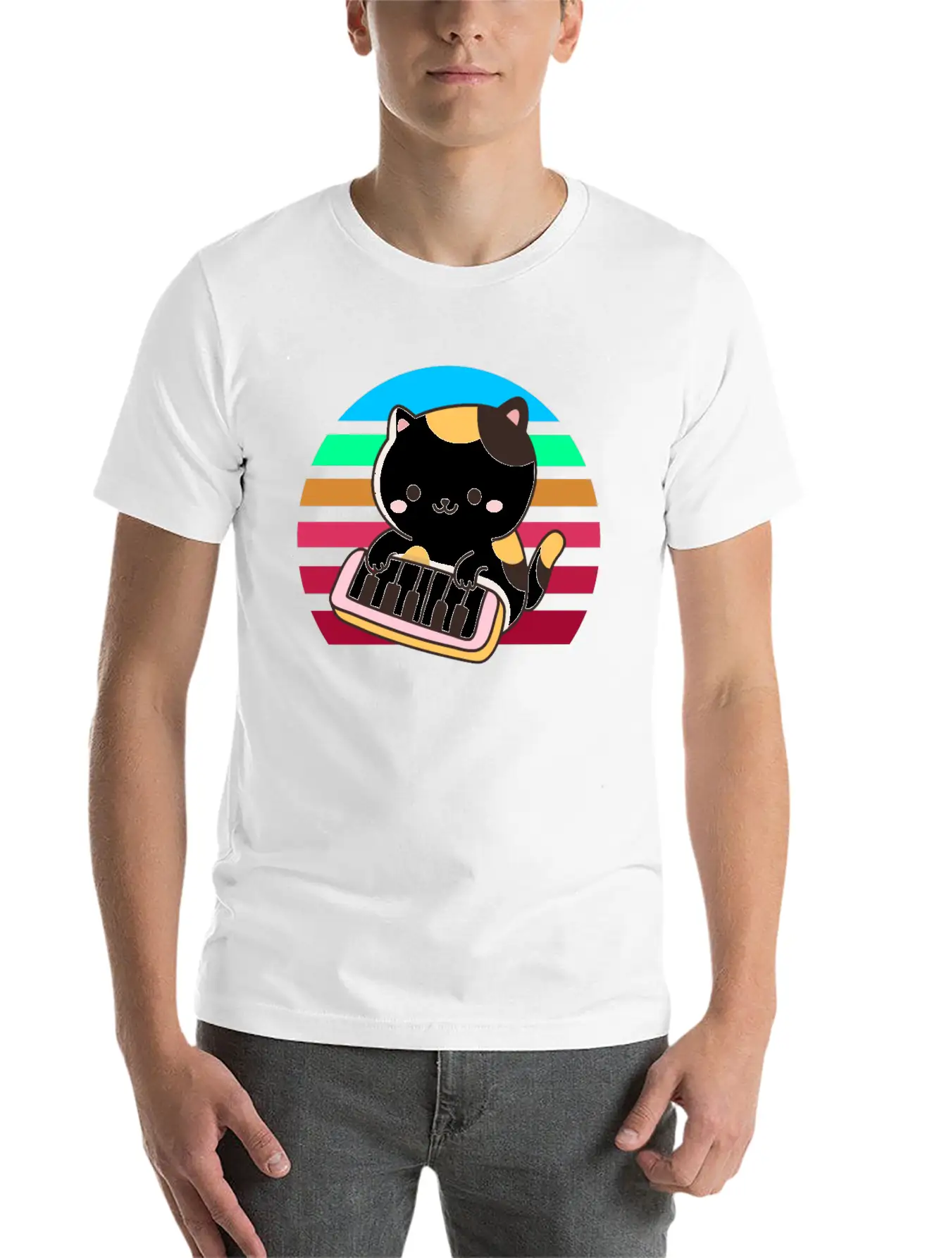 Piano Keyboard Cat Sunset Basic Graphic T-Shirt ¨C Daily Comfort In Soft Cotton