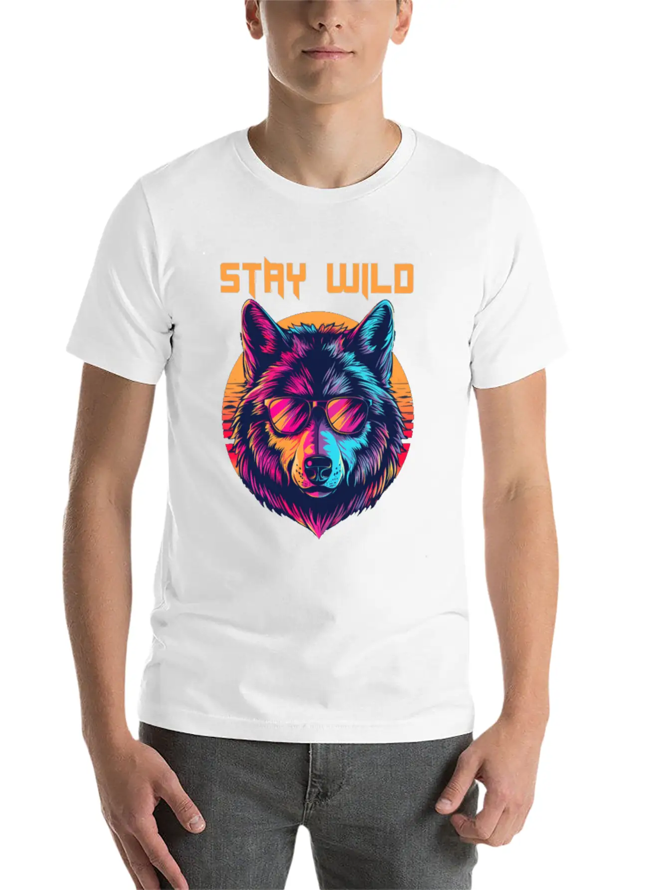 Stay Wild Wolf Colorful Retro Animal Sunglasses Essential Cotton Tee For Daily Outfits ¨C Unisex Style