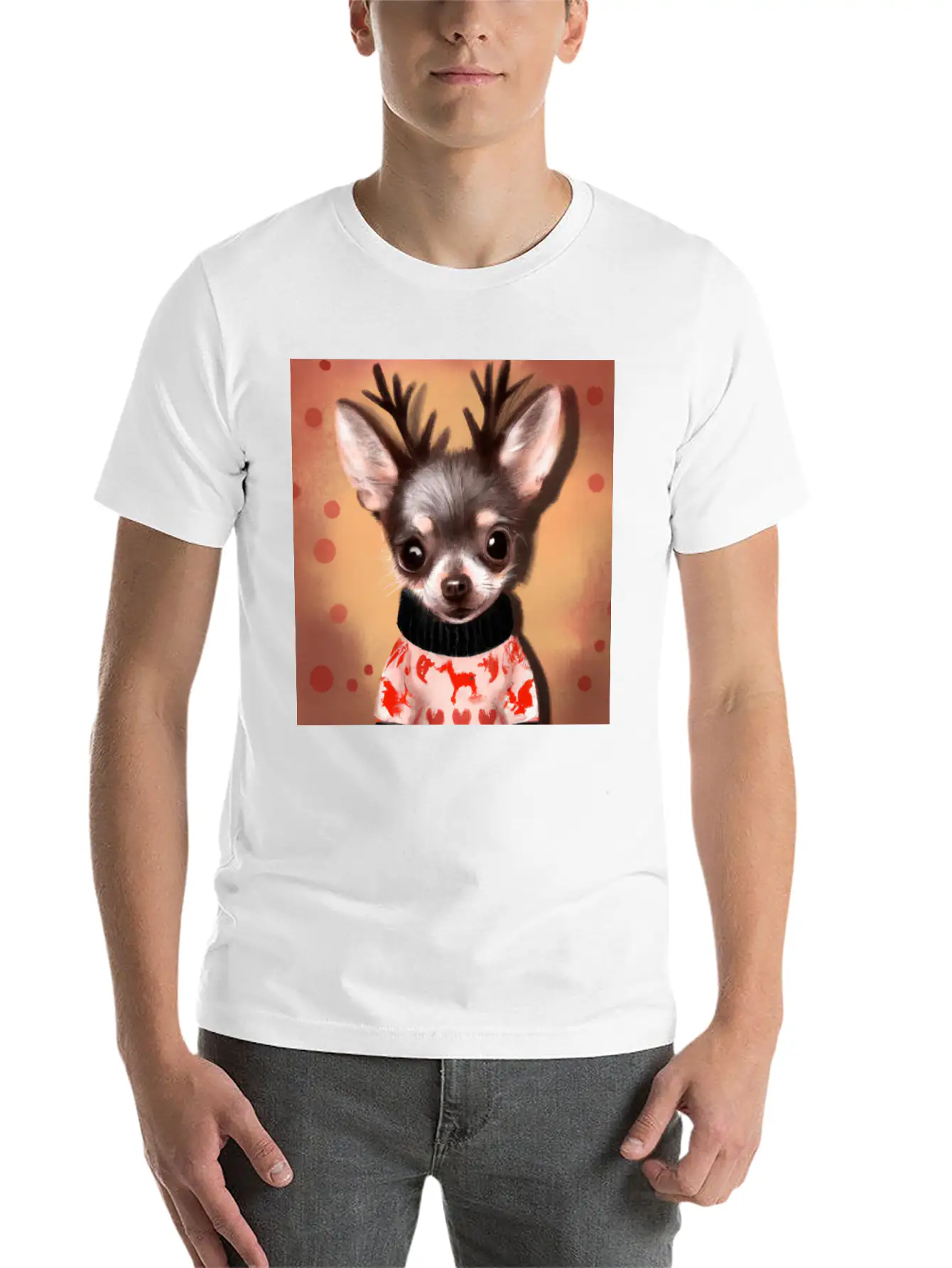 Sweet Happy, Dog Chihuahua In A Christmas Sweater Basic Graphic T-Shirt ¨C Daily Comfort In Soft Cotton