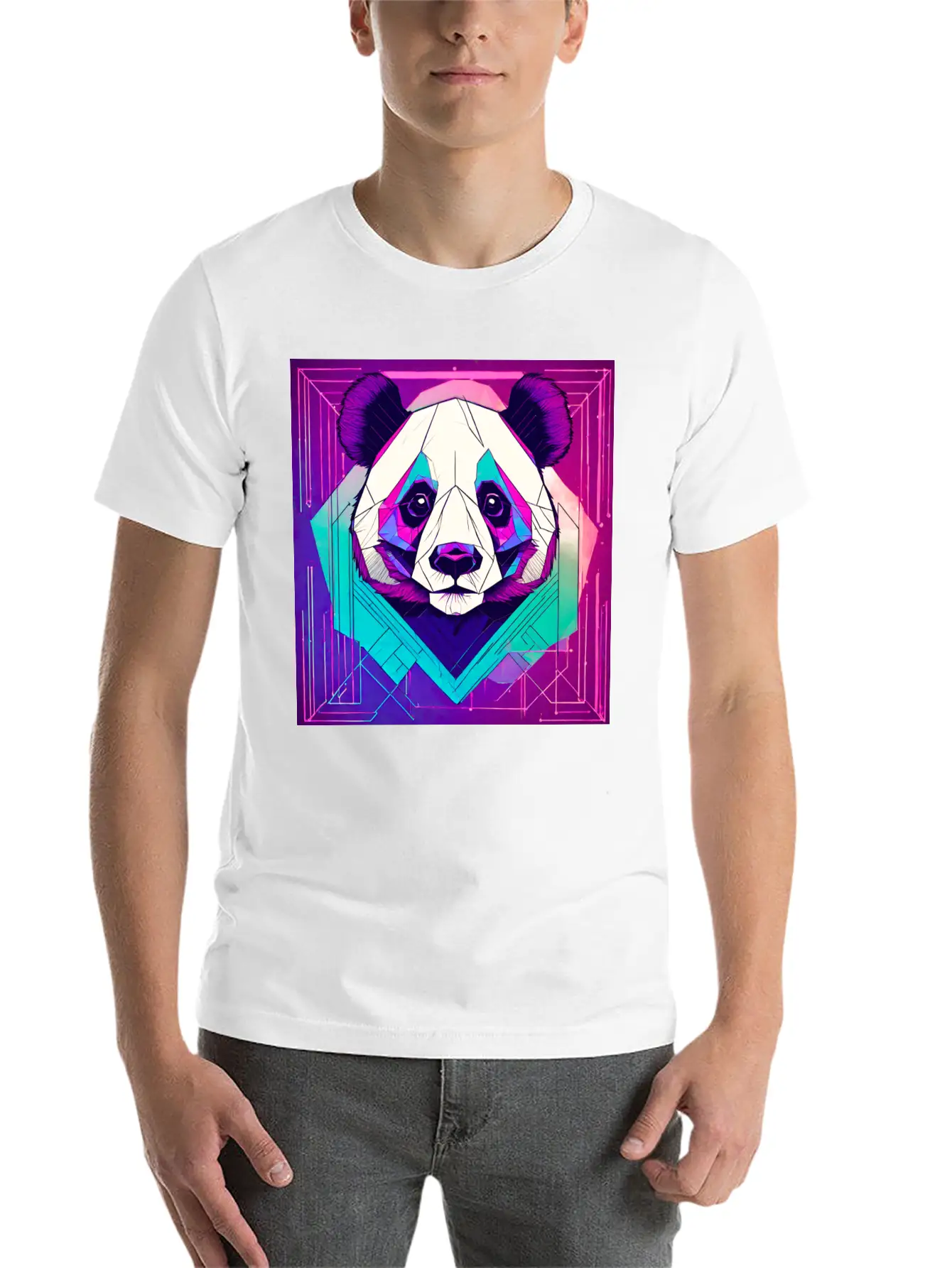 Synthwave Neon Geo Panda Essential Cotton Tee For Daily Outfits ¨C Unisex Style