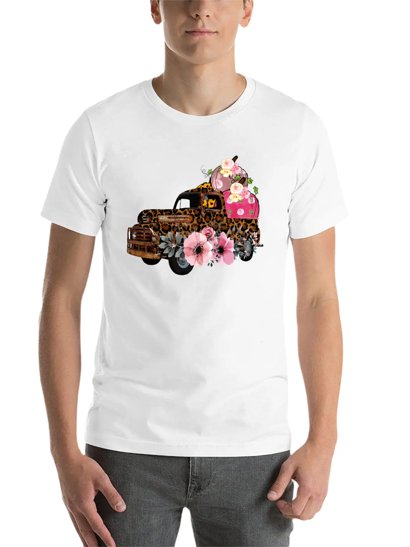 Thanksgiving Fall Leopard Old Truck Pumpkins Soft Cotton Short Sleeve Tee ¨C Unisex Wardrobe Staple