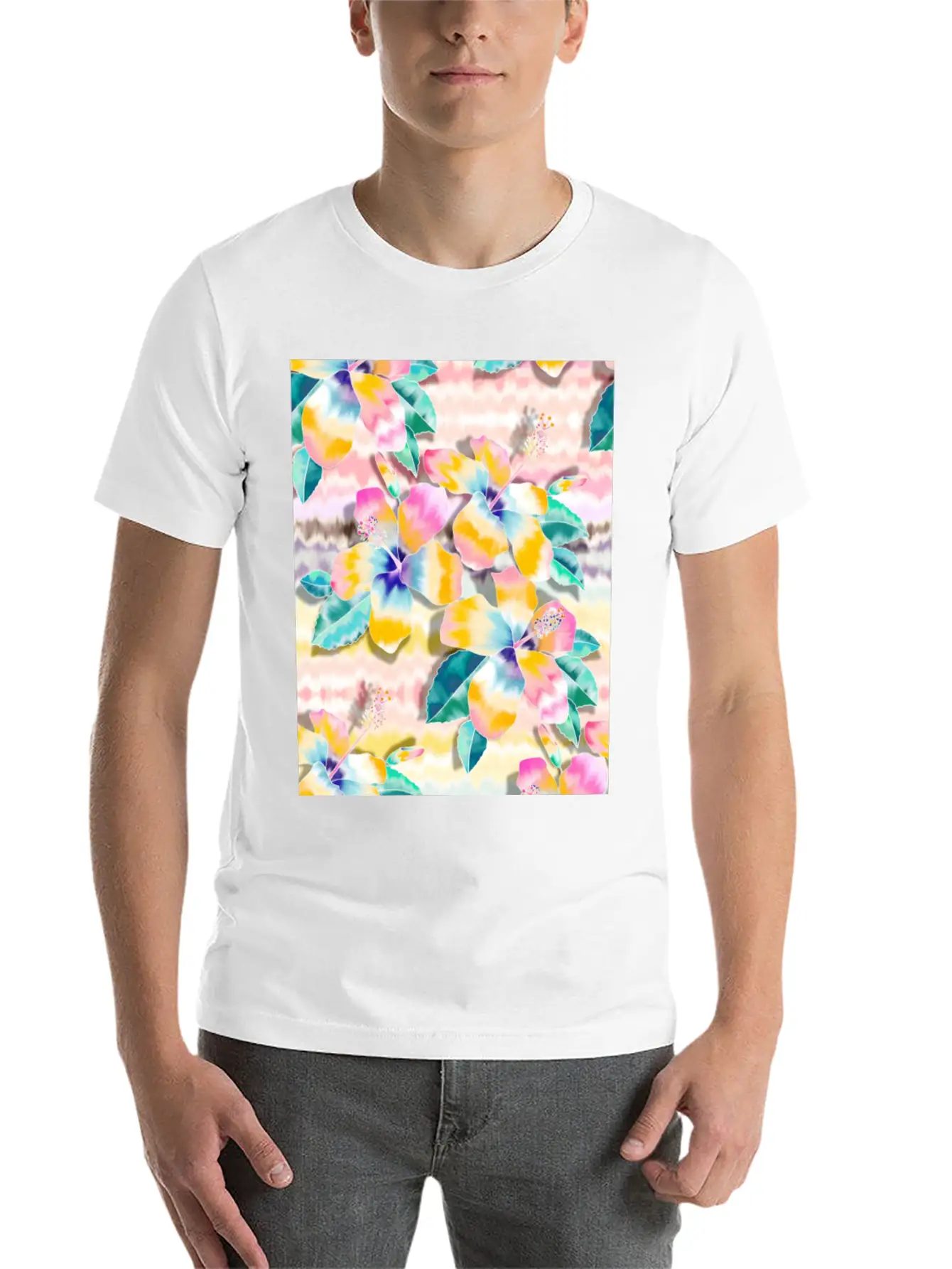 Tie Dye Hibiscus Collage In Pastels Soft Cotton Short Sleeve Tee ¨C Unisex Wardrobe Staple