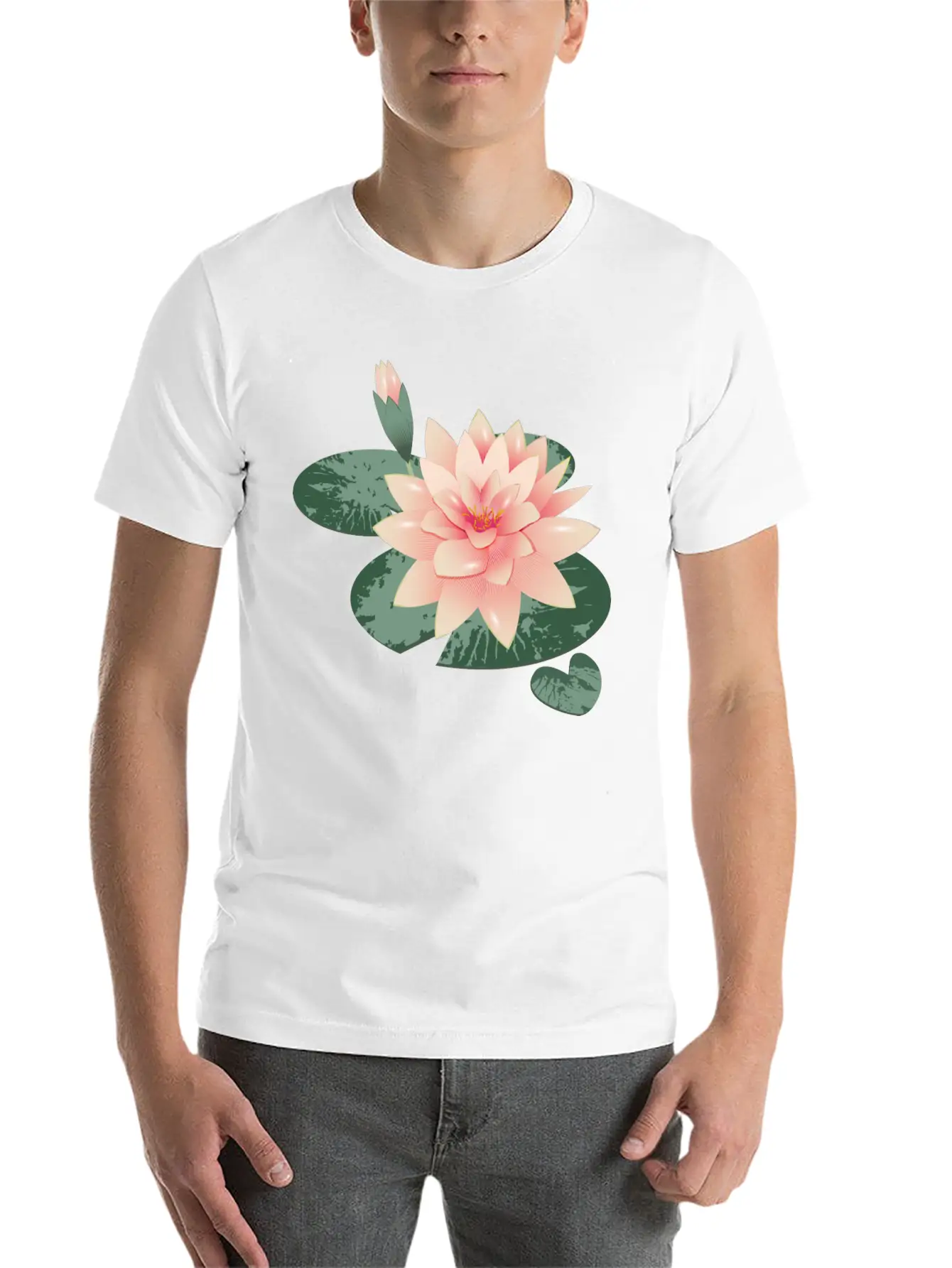Water Lily Flower With Bud In Water Lily Pond Basic Graphic T-Shirt ¨C Daily Comfort In Soft Cotton