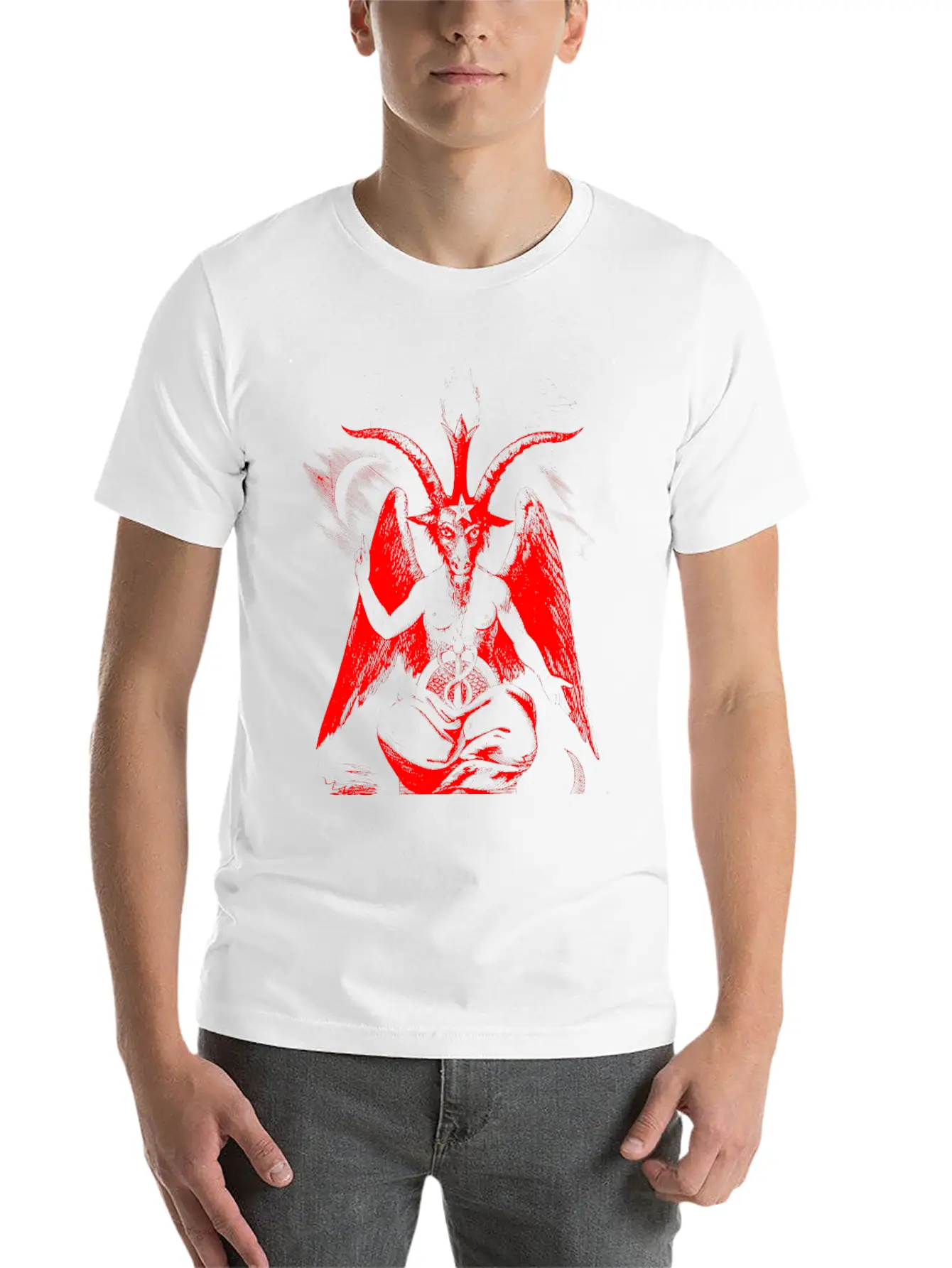 Woodcut, Baphomet - Red Basic Graphic T-Shirt ¨C Daily Comfort In Soft Cotton