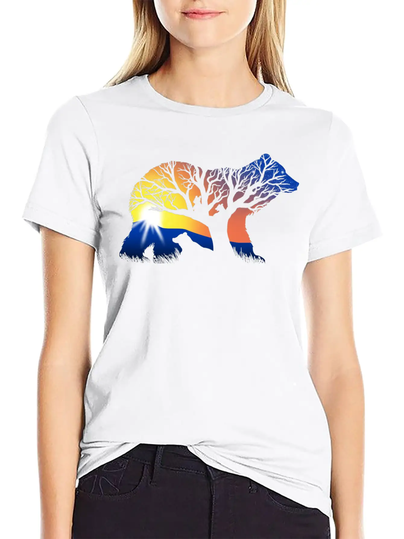 162 Bear Sunrise Essential Cotton Tee For Daily Outfits ¨C Unisex Style