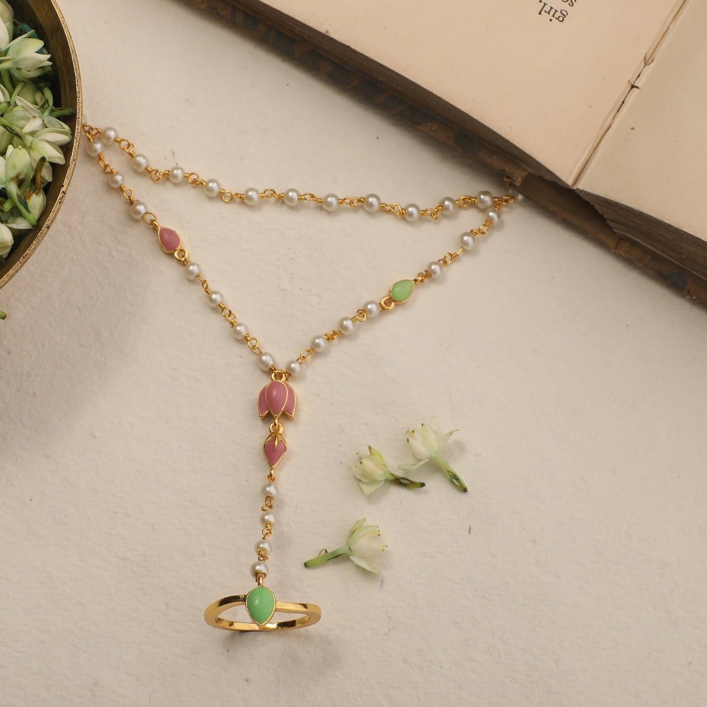 Jalaja Lotus Bud Ring Hand Chain Bracelet