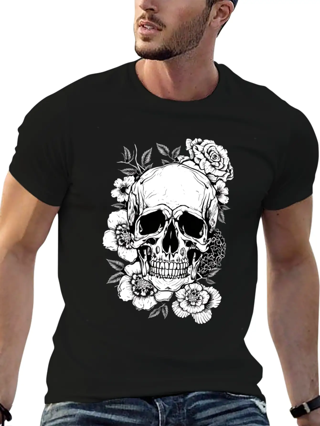 Aesthetic Flowers Skull Art Basic Graphic T-Shirt ¨C Daily Comfort In Soft Cotton