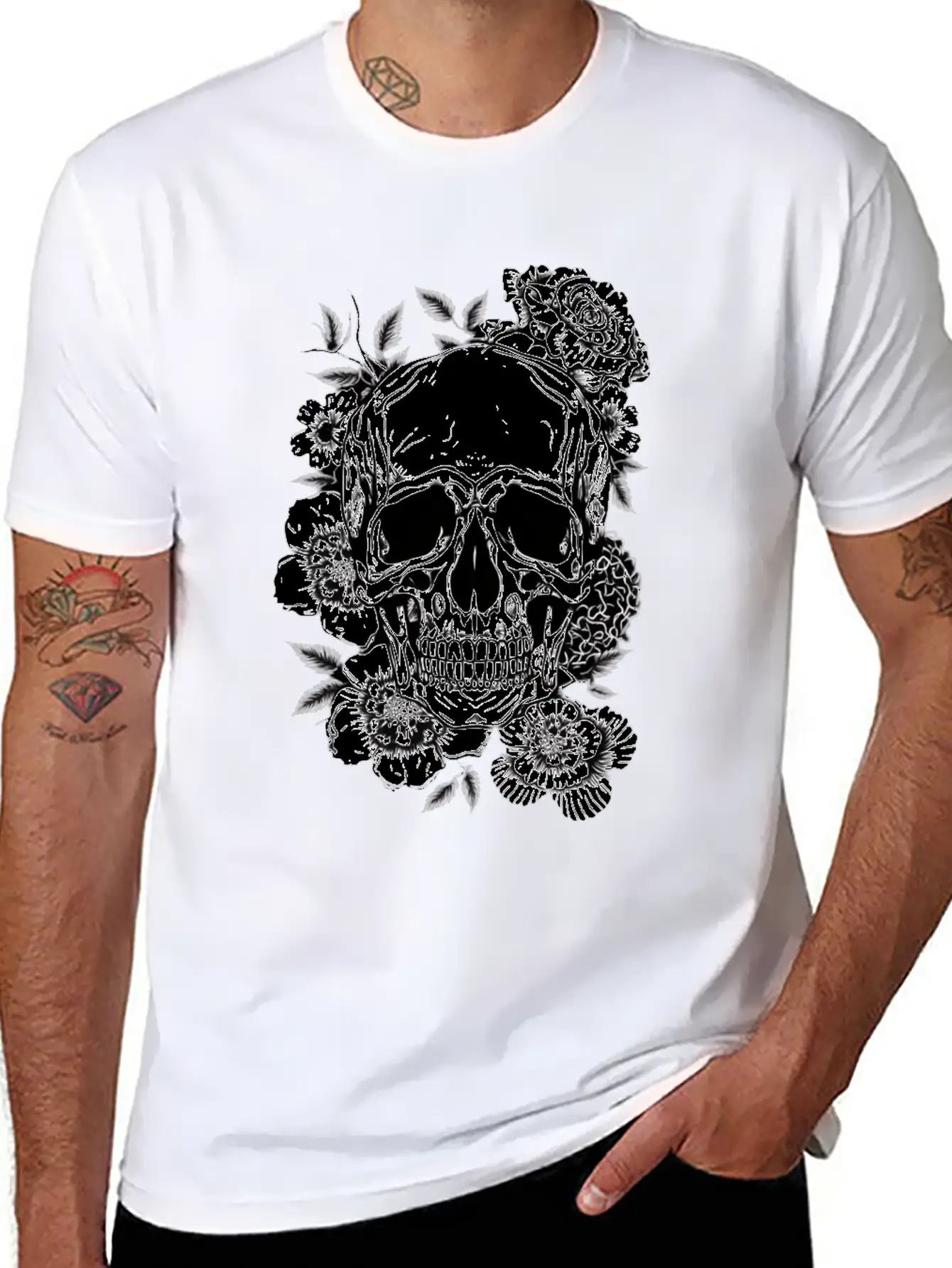 Aesthetic Flowers Skull Art Basic Graphic T-Shirt ¨C Daily Comfort In Soft Cotton