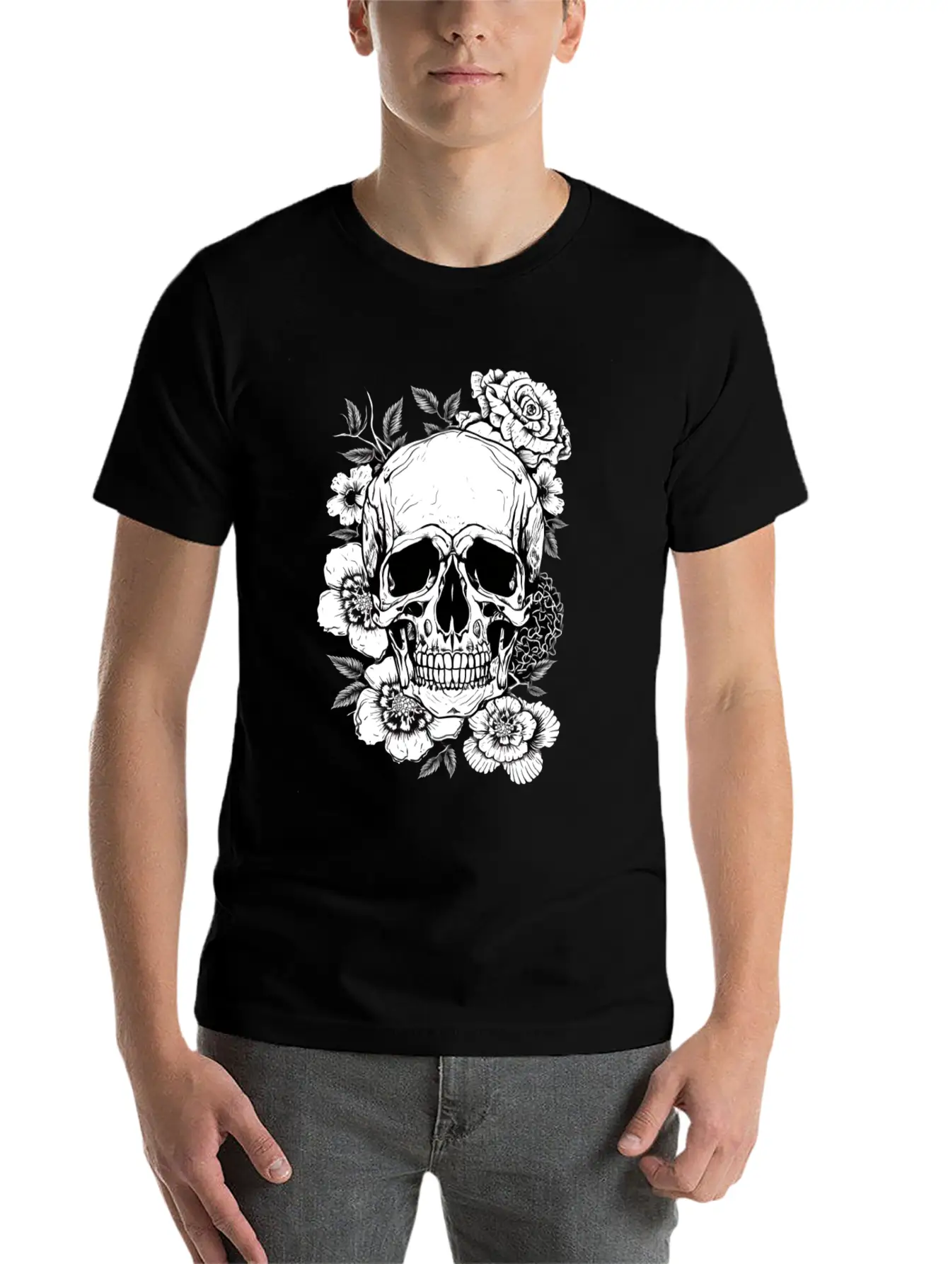 Aesthetic Flowers Skull Art Basic Graphic T-Shirt ¨C Daily Comfort In Soft Cotton