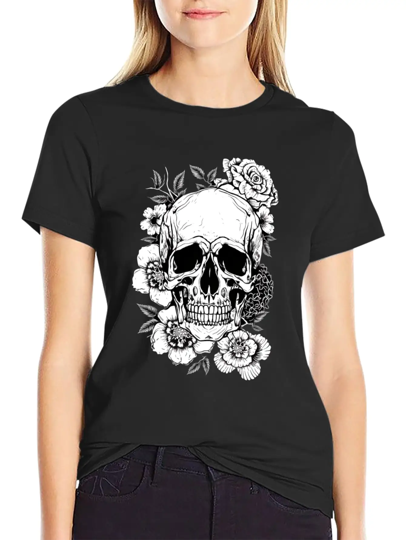 Aesthetic Flowers Skull Art Basic Graphic T-Shirt ¨C Daily Comfort In Soft Cotton