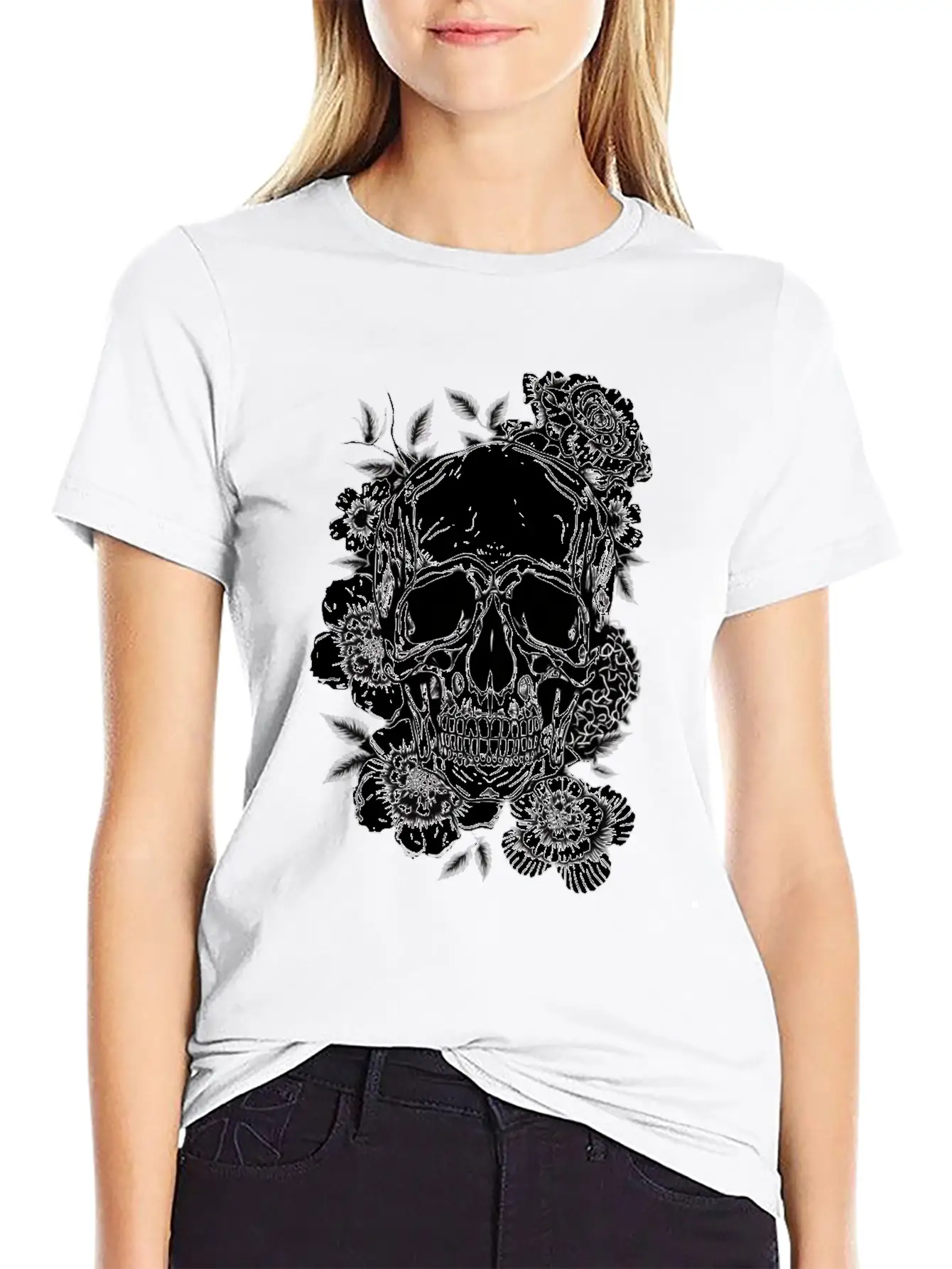 Aesthetic Flowers Skull Art Basic Graphic T-Shirt ¨C Daily Comfort In Soft Cotton