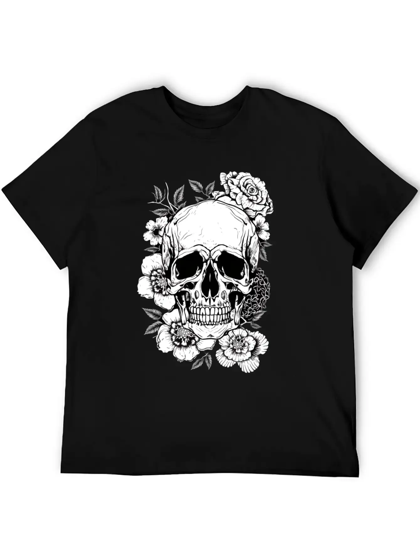 Aesthetic Flowers Skull Art Basic Graphic T-Shirt ¨C Daily Comfort In Soft Cotton