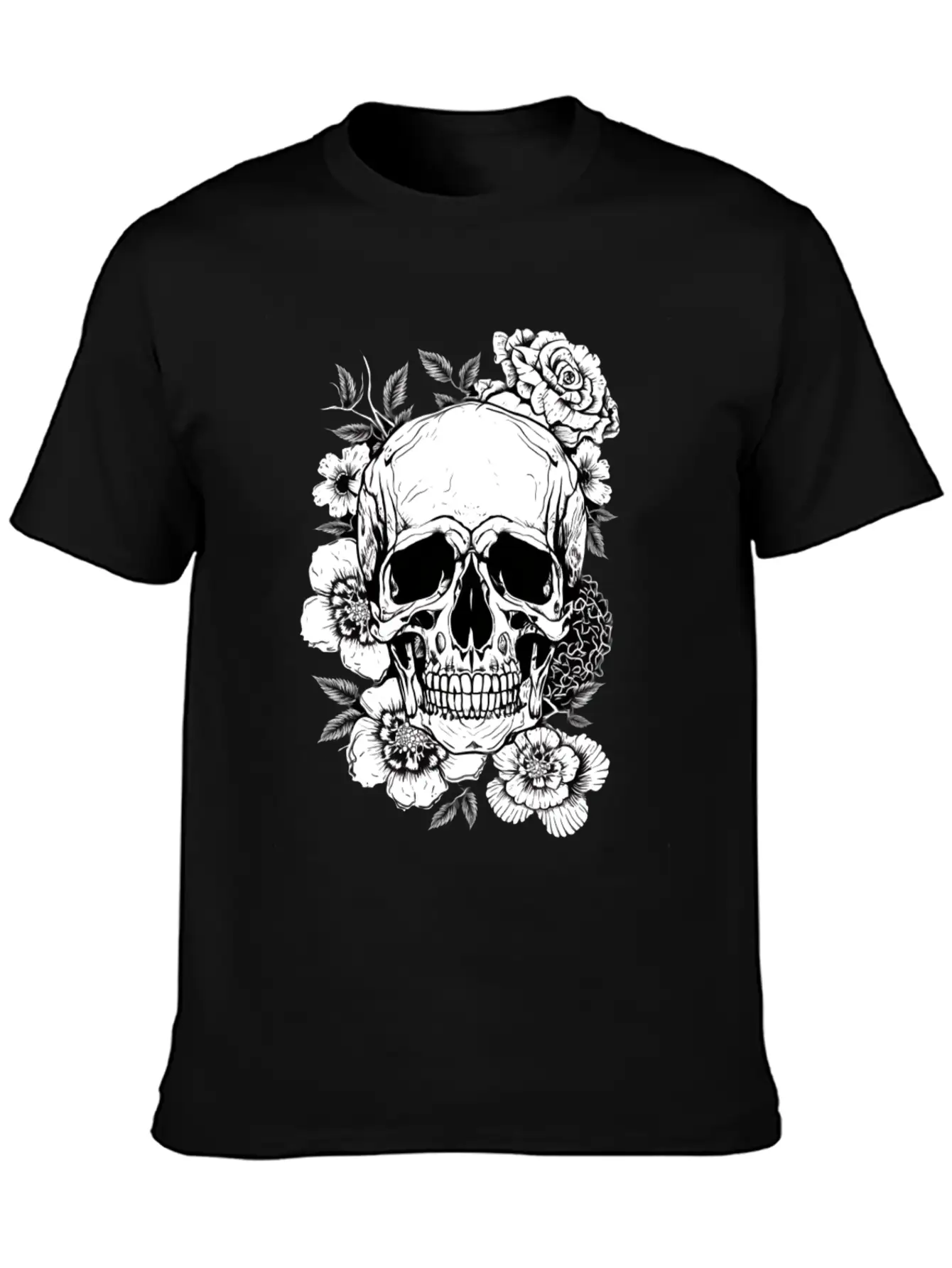 Aesthetic Flowers Skull Art Basic Graphic T-Shirt ¨C Daily Comfort In Soft Cotton