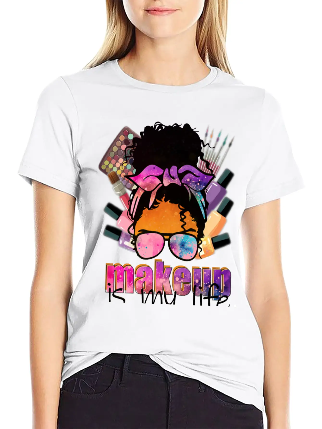 Afro Messy Bun Makeup Basic Graphic T-Shirt ¨C Daily Comfort In Soft Cotton
