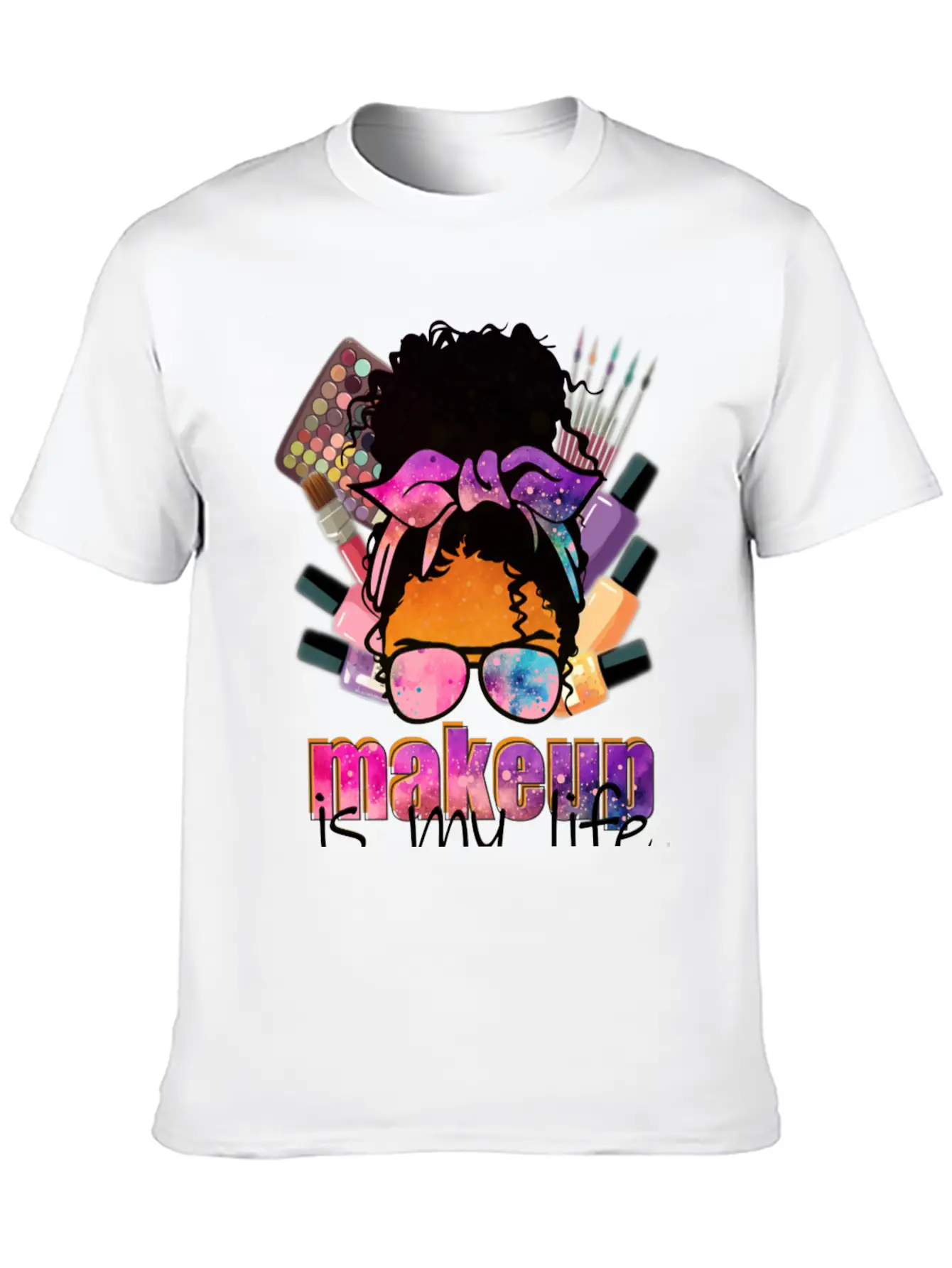 Afro Messy Bun Makeup Basic Graphic T-Shirt ¨C Daily Comfort In Soft Cotton