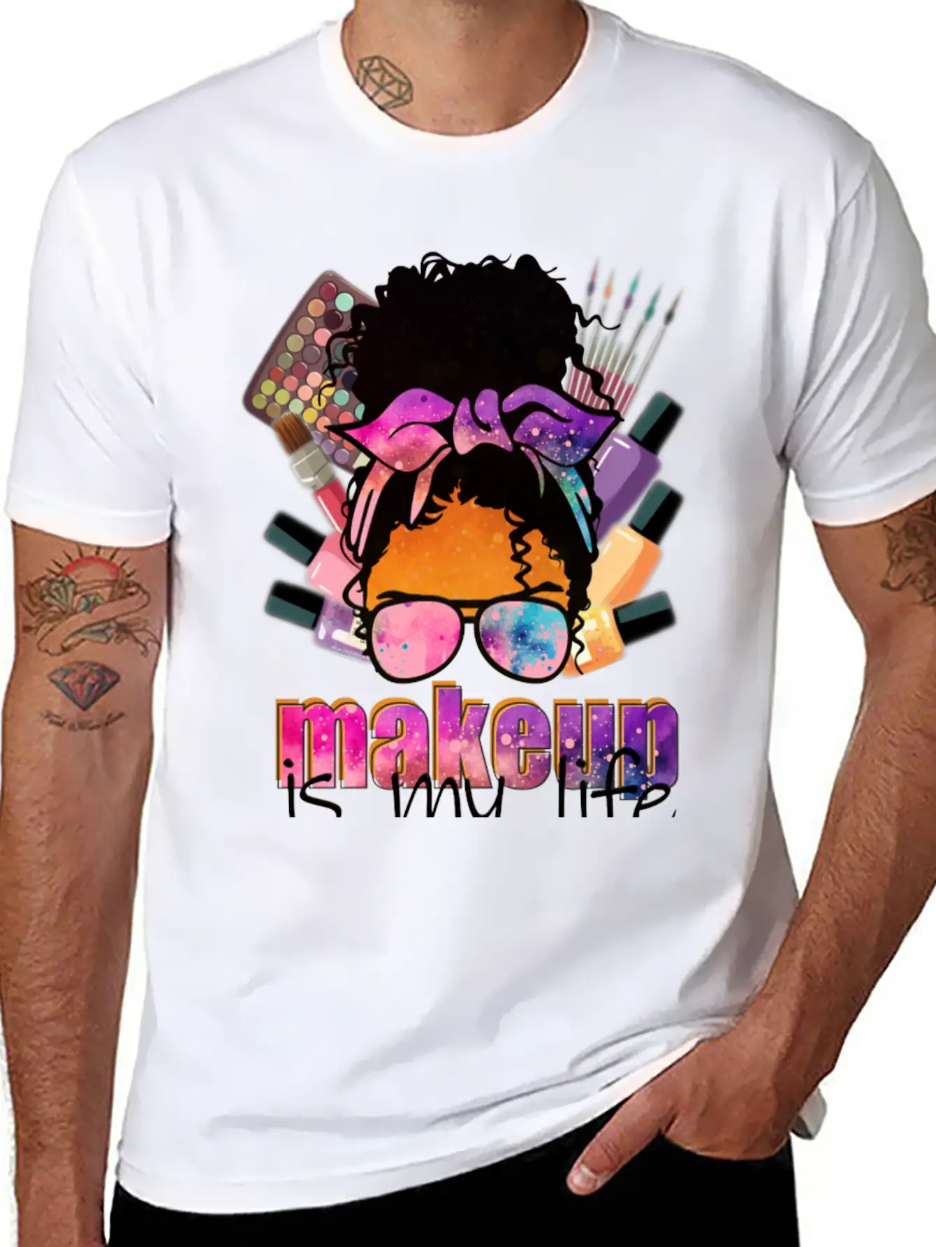 Afro Messy Bun Makeup Basic Graphic T-Shirt ¨C Daily Comfort In Soft Cotton