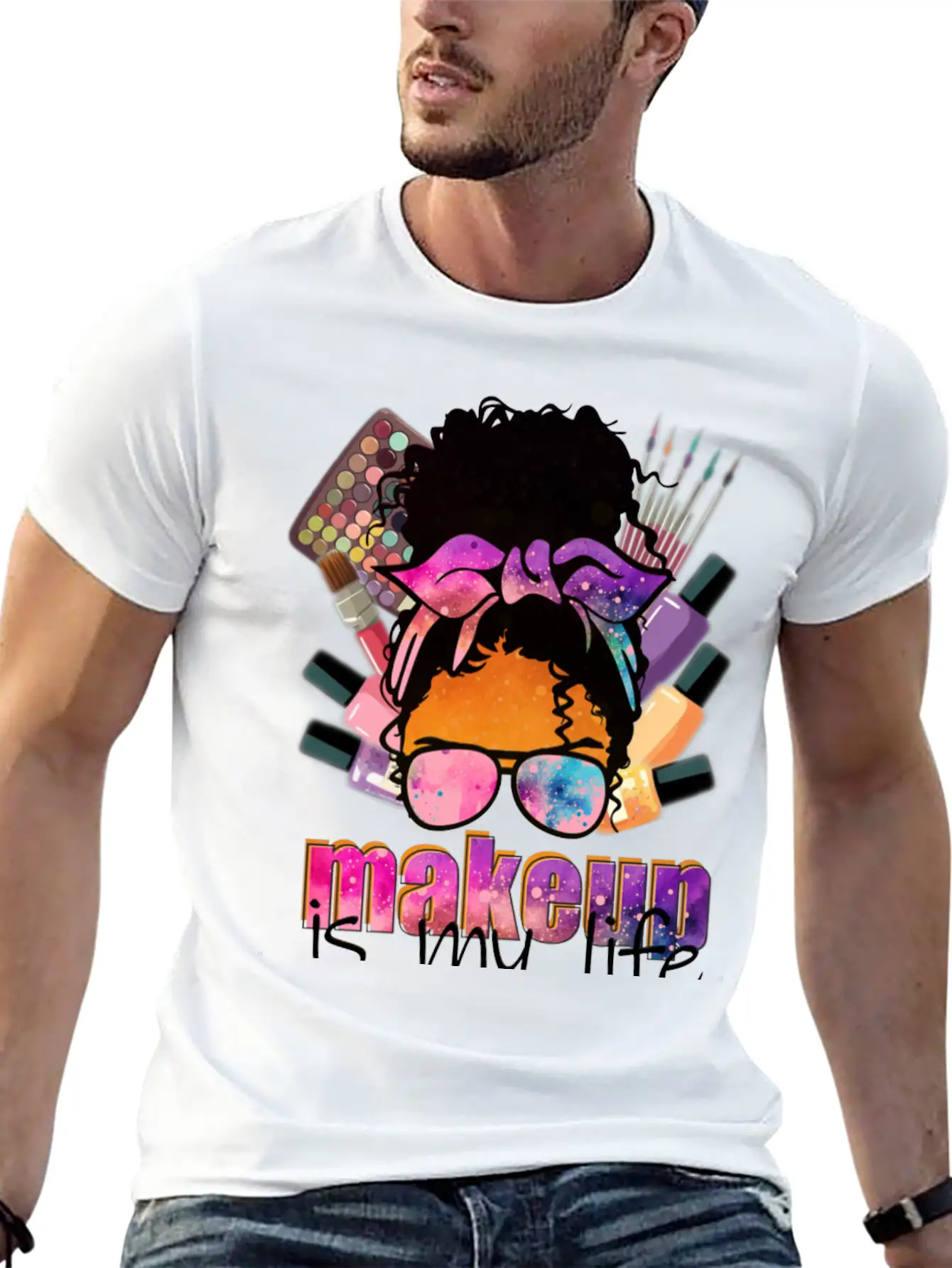 Afro Messy Bun Makeup Basic Graphic T-Shirt ¨C Daily Comfort In Soft Cotton
