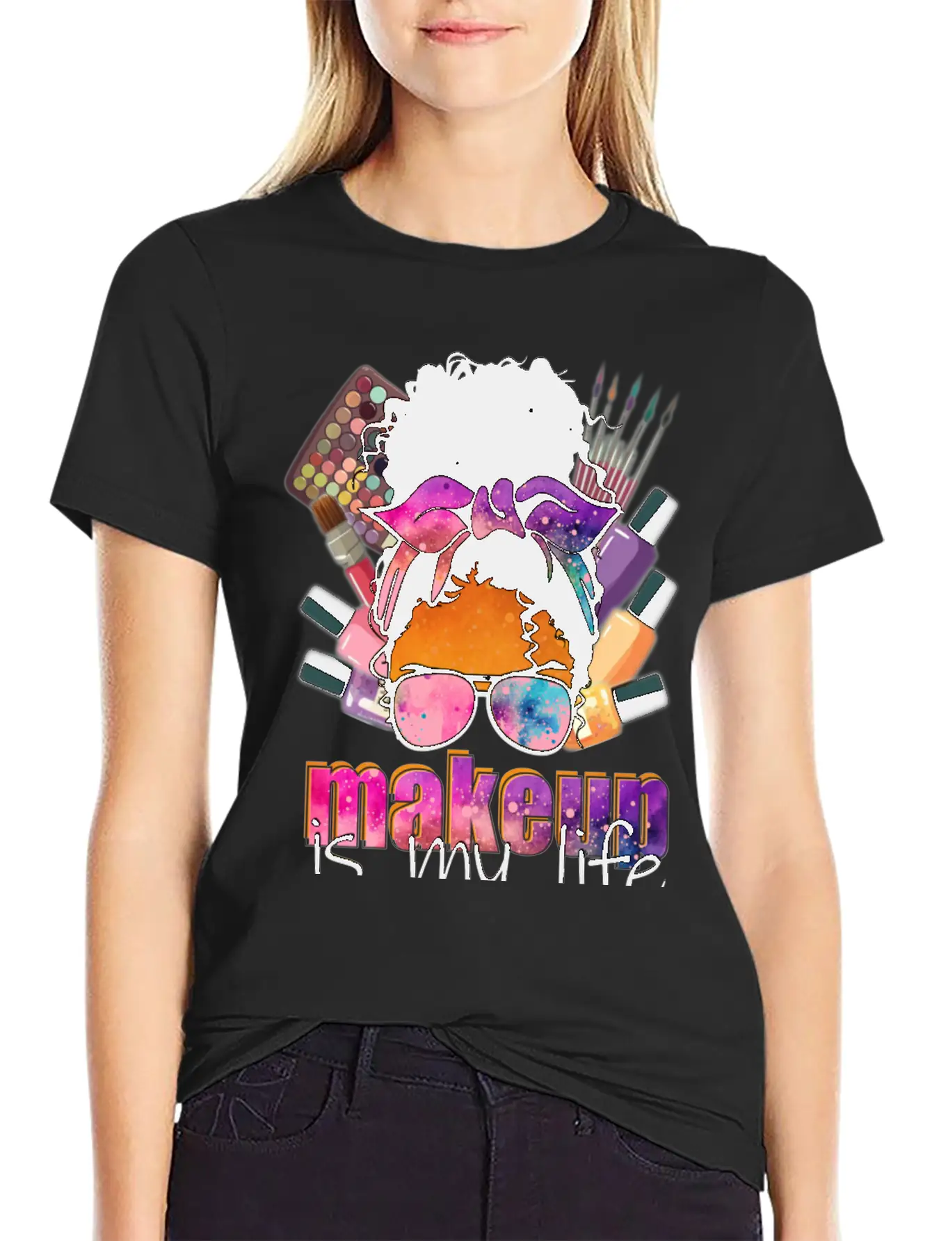 Afro Messy Bun Makeup Basic Graphic T-Shirt ¨C Daily Comfort In Soft Cotton