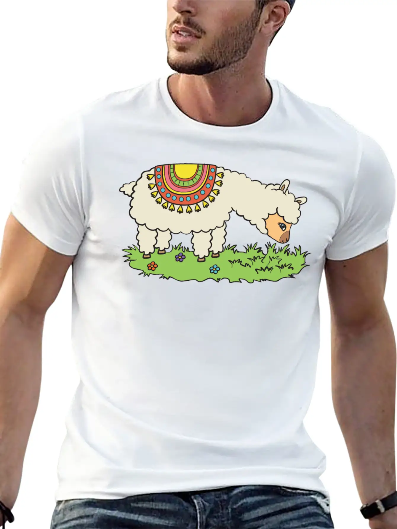 Alpaca Eats Grass On A Meadow Basic Graphic T-Shirt ¨C Daily Comfort In Soft Cotton