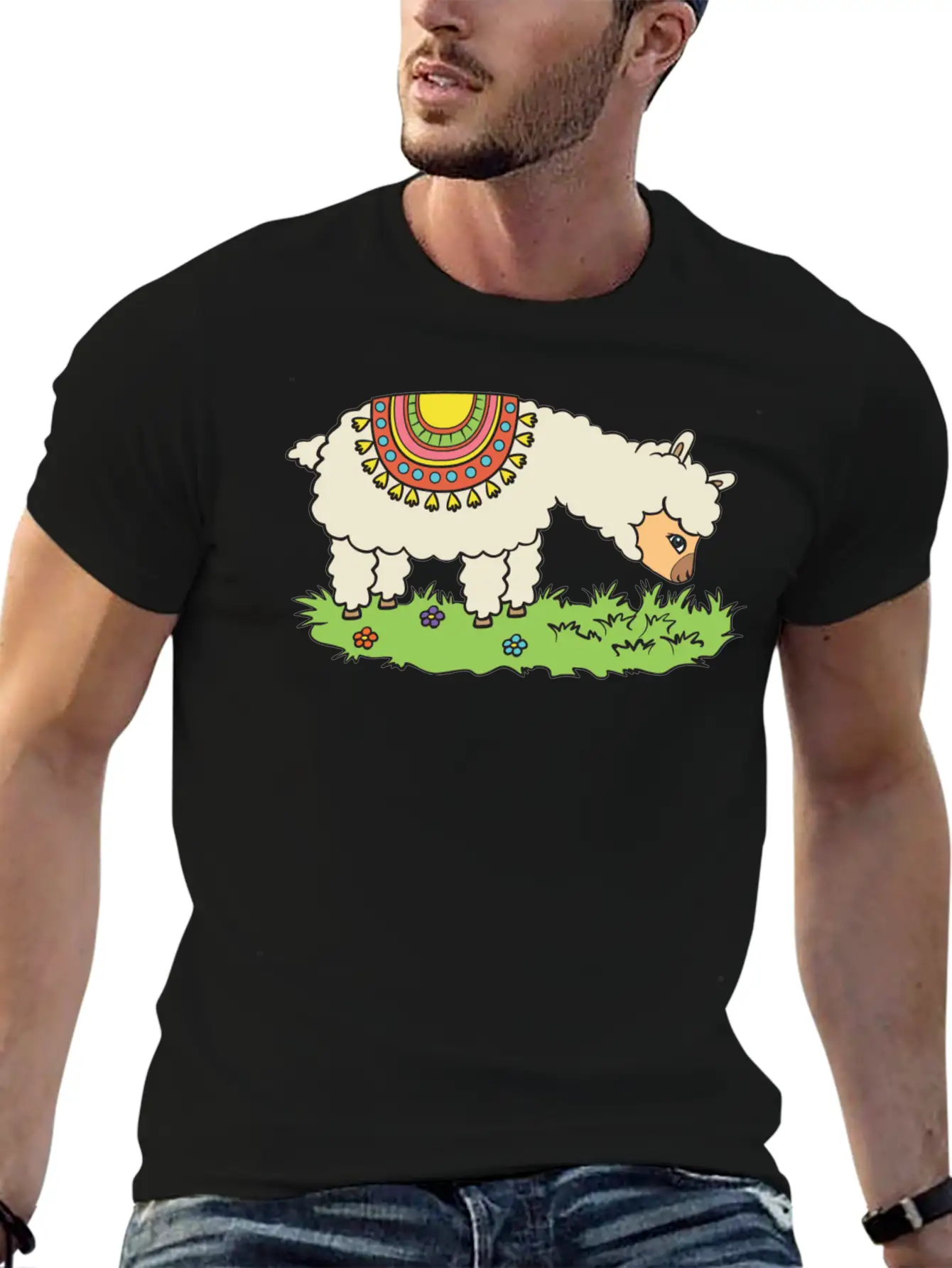 Alpaca Eats Grass On A Meadow Basic Graphic T-Shirt ¨C Daily Comfort In Soft Cotton