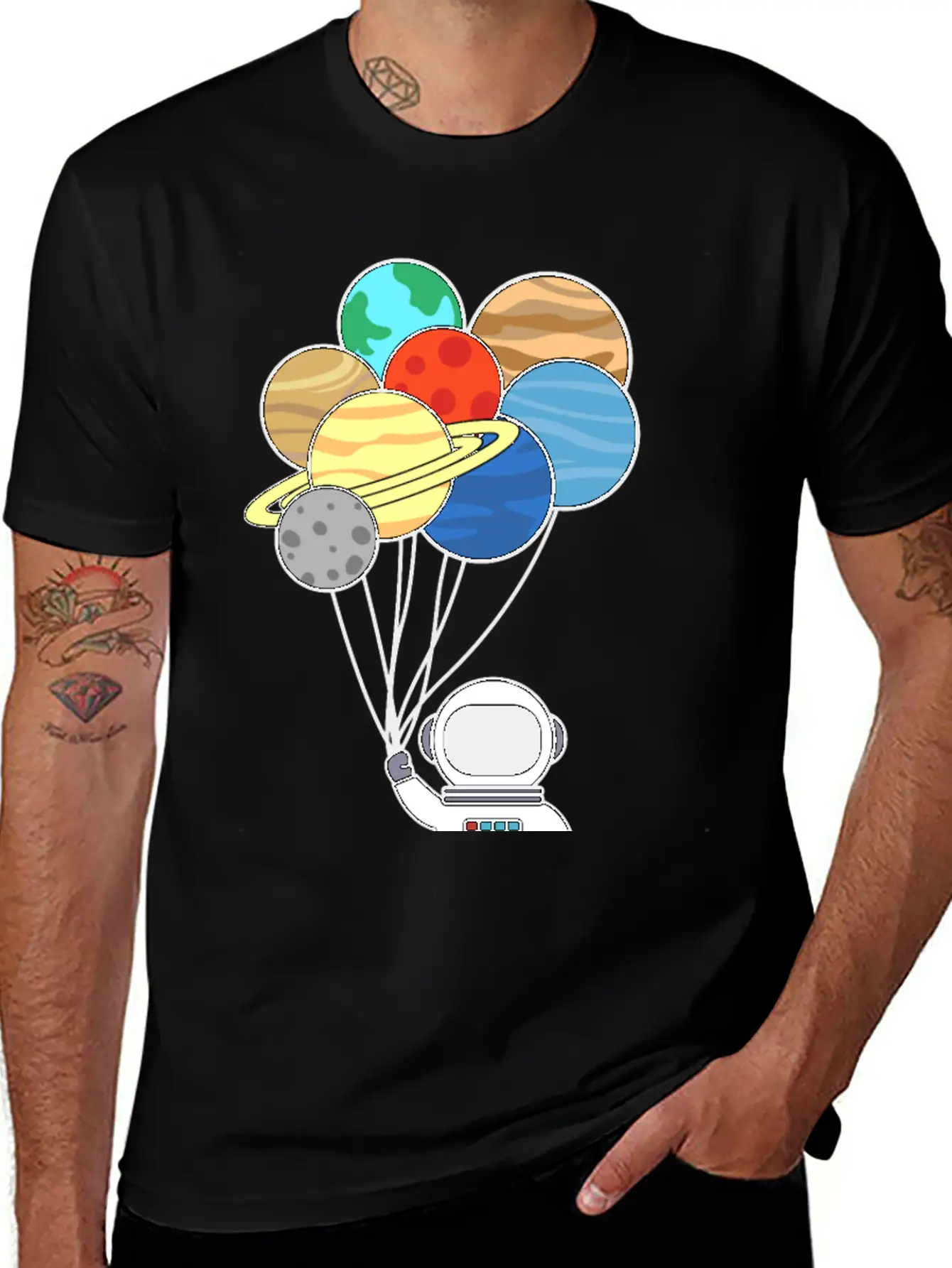 Astronaut With Planet Balloons. Basic Graphic T-Shirt ¨C Daily Comfort In Soft Cotton