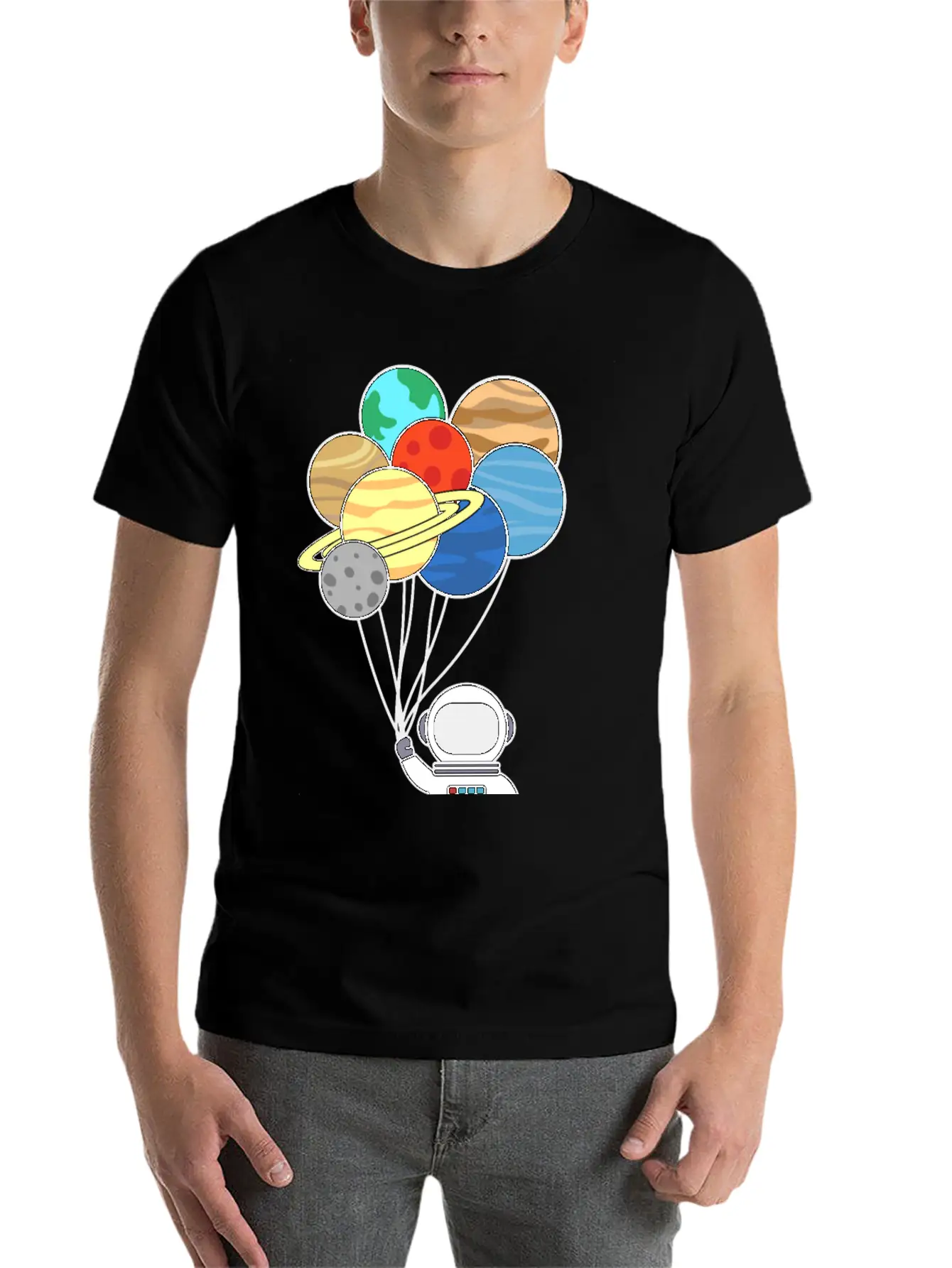 Astronaut With Planet Balloons. Basic Graphic T-Shirt ¨C Daily Comfort In Soft Cotton