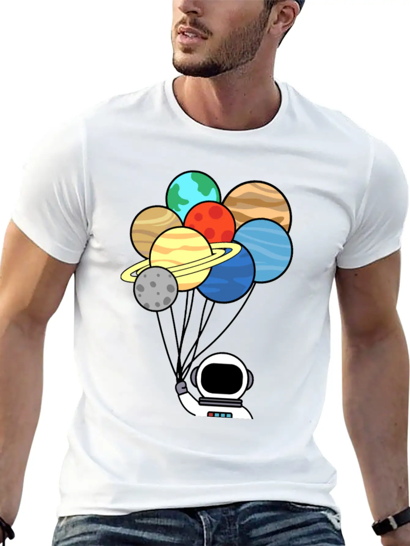 Astronaut With Planet Balloons. Basic Graphic T-Shirt ¨C Daily Comfort In Soft Cotton