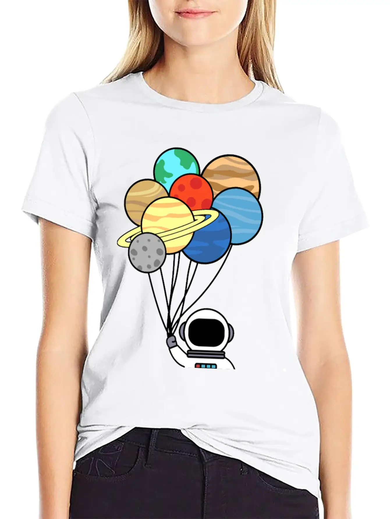 Astronaut With Planet Balloons. Basic Graphic T-Shirt ¨C Daily Comfort In Soft Cotton