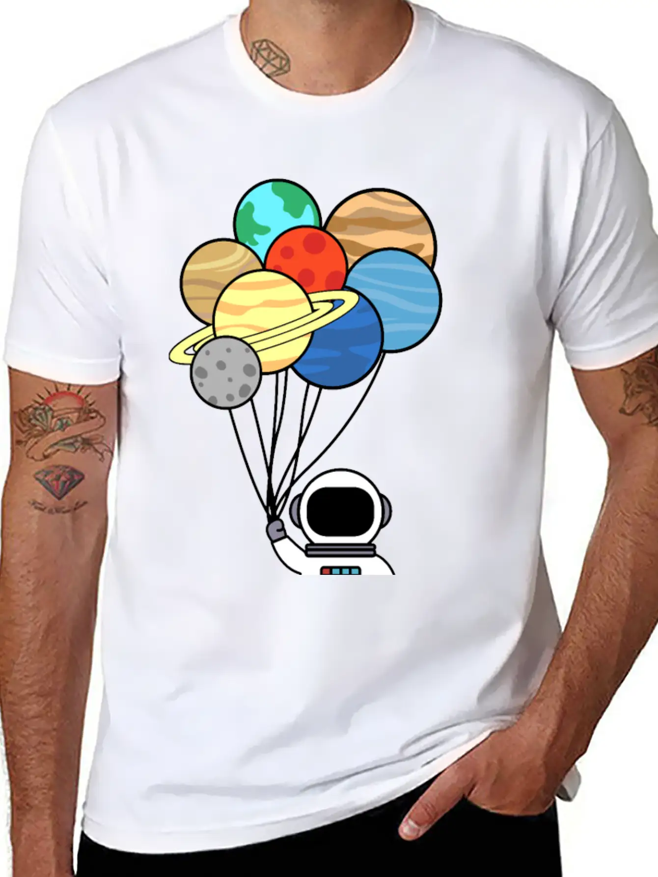 Astronaut With Planet Balloons. Basic Graphic T-Shirt ¨C Daily Comfort In Soft Cotton