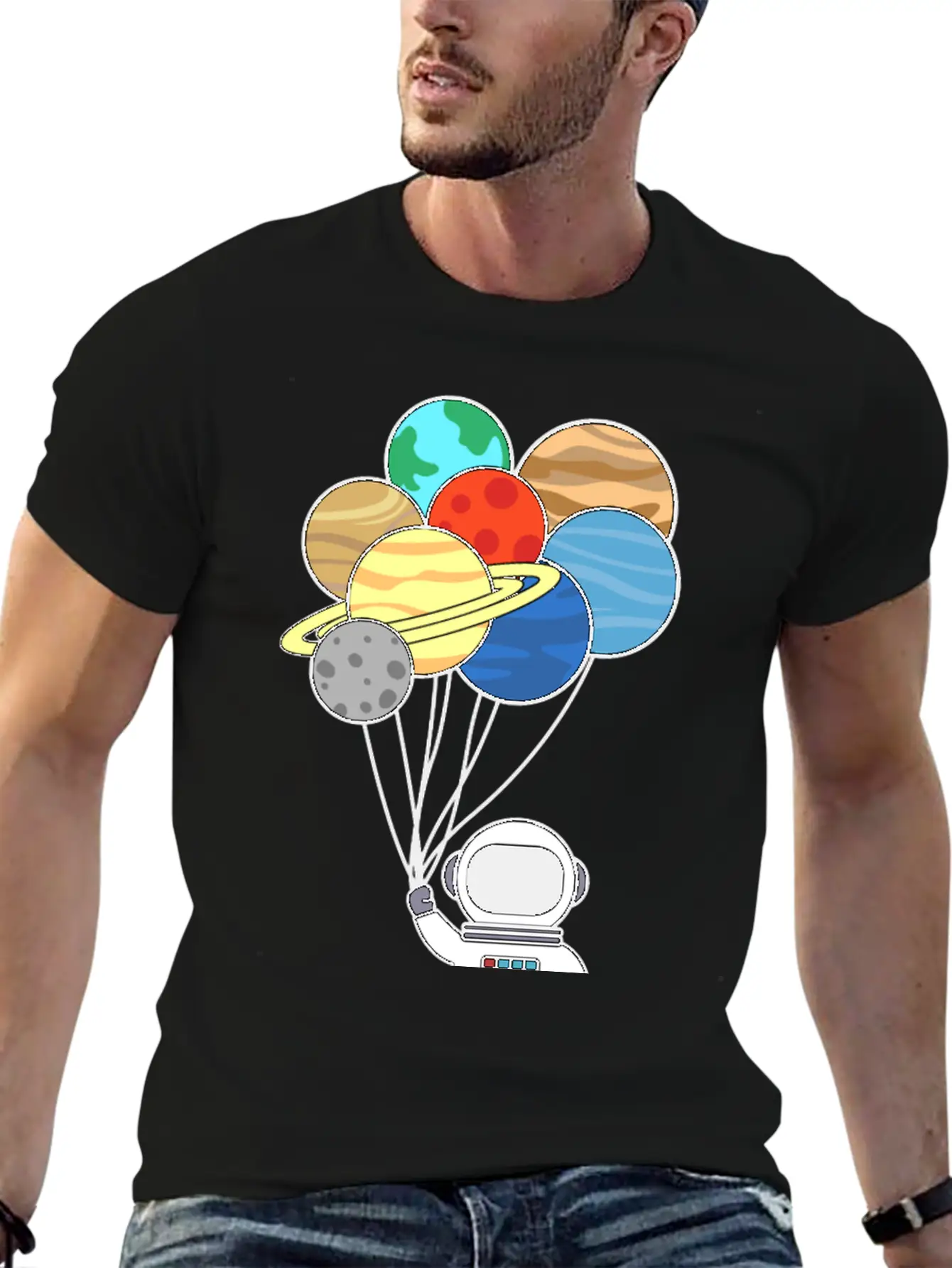 Astronaut With Planet Balloons. Basic Graphic T-Shirt ¨C Daily Comfort In Soft Cotton