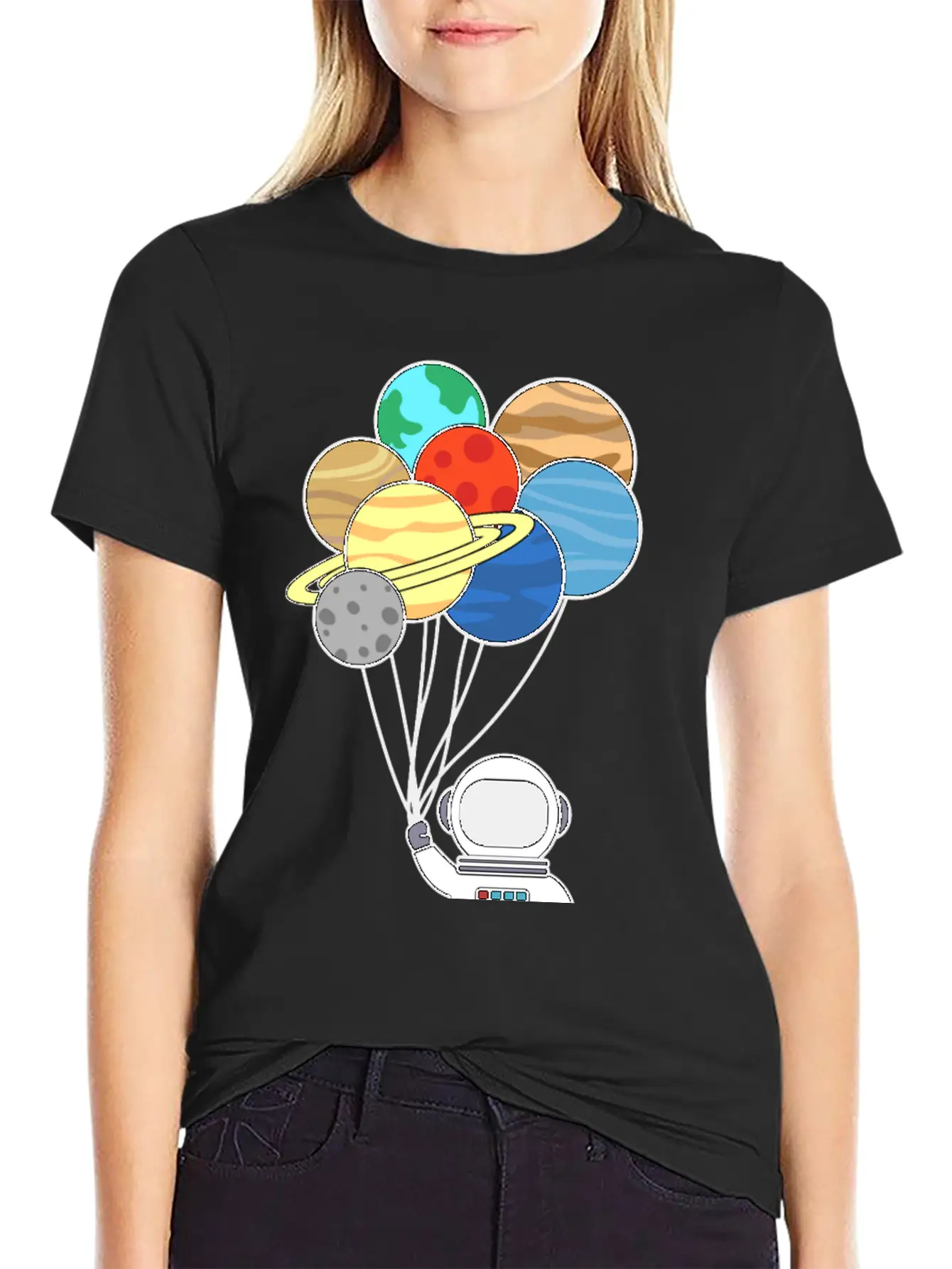 Astronaut With Planet Balloons. Basic Graphic T-Shirt ¨C Daily Comfort In Soft Cotton