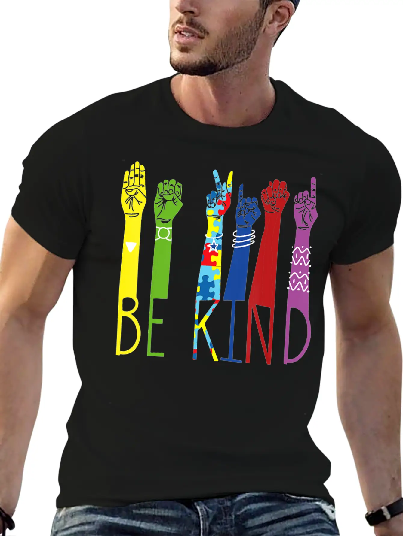 Autism Awareness Be Kind Sign Language Hand Basic Graphic T-Shirt ¨C Daily Comfort In Soft Cotton