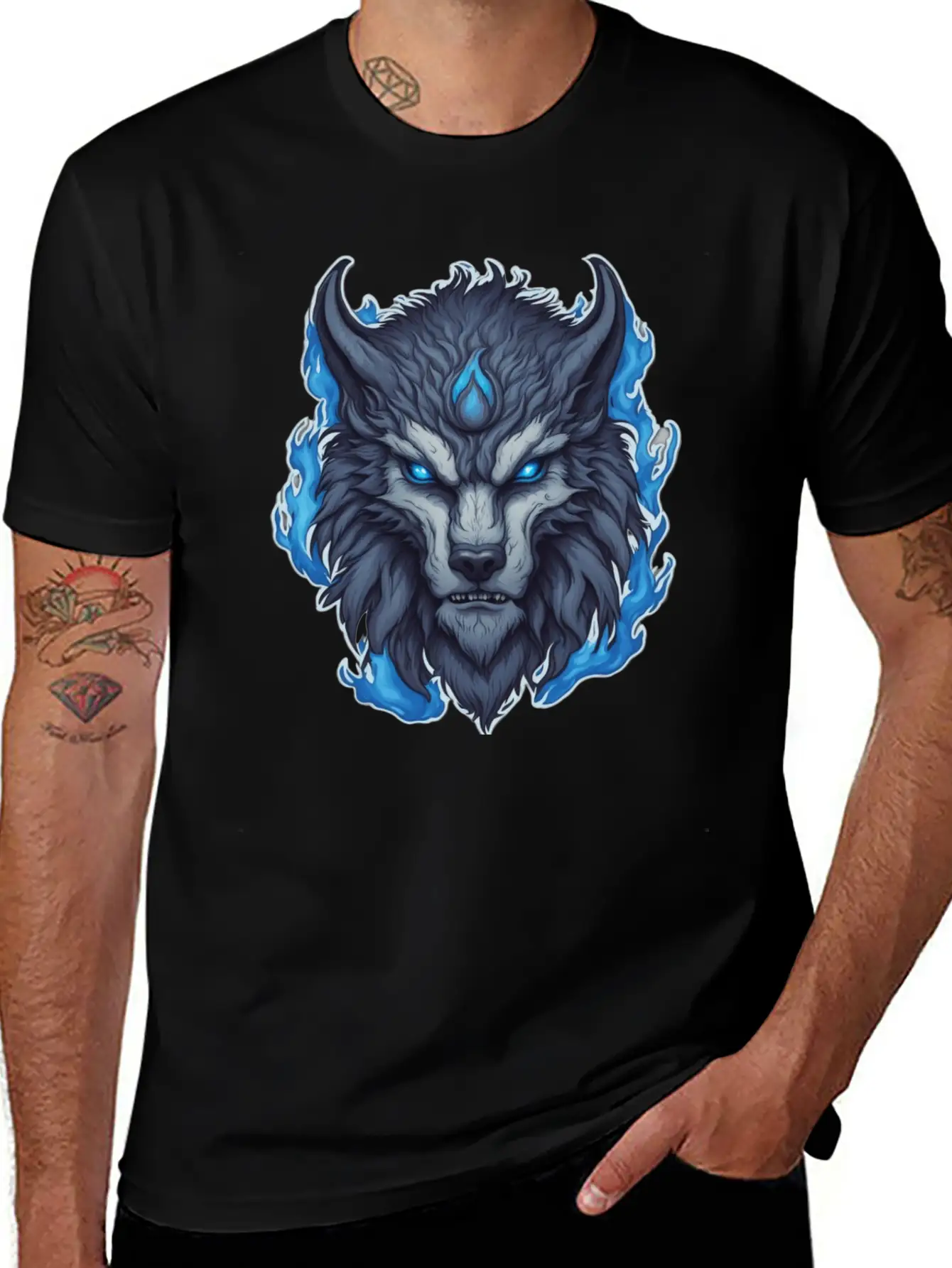 Azure Howler: Horned Wolf Essential Cotton Tee For Daily Outfits ¨C Unisex Style