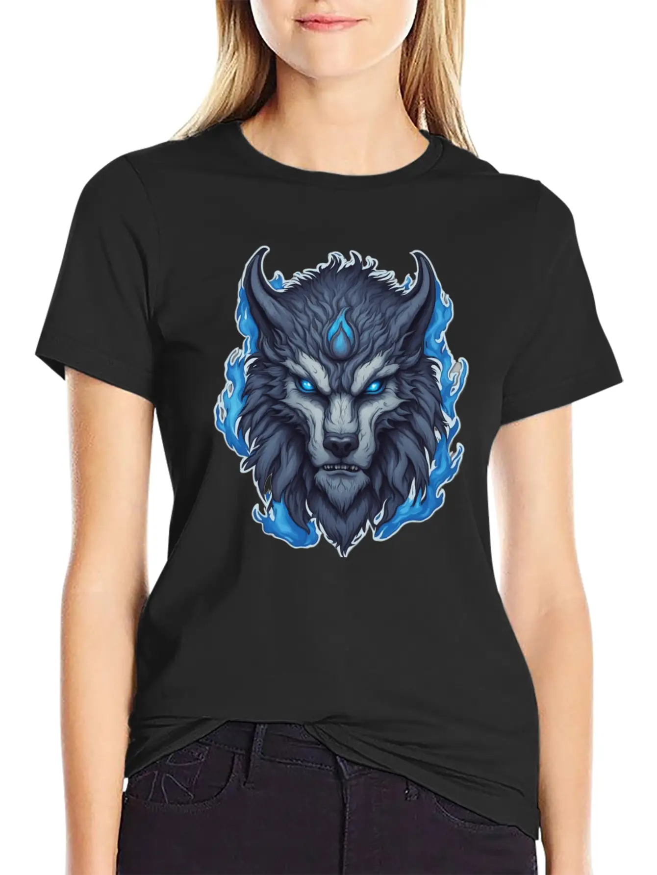 Azure Howler: Horned Wolf Essential Cotton Tee For Daily Outfits ¨C Unisex Style