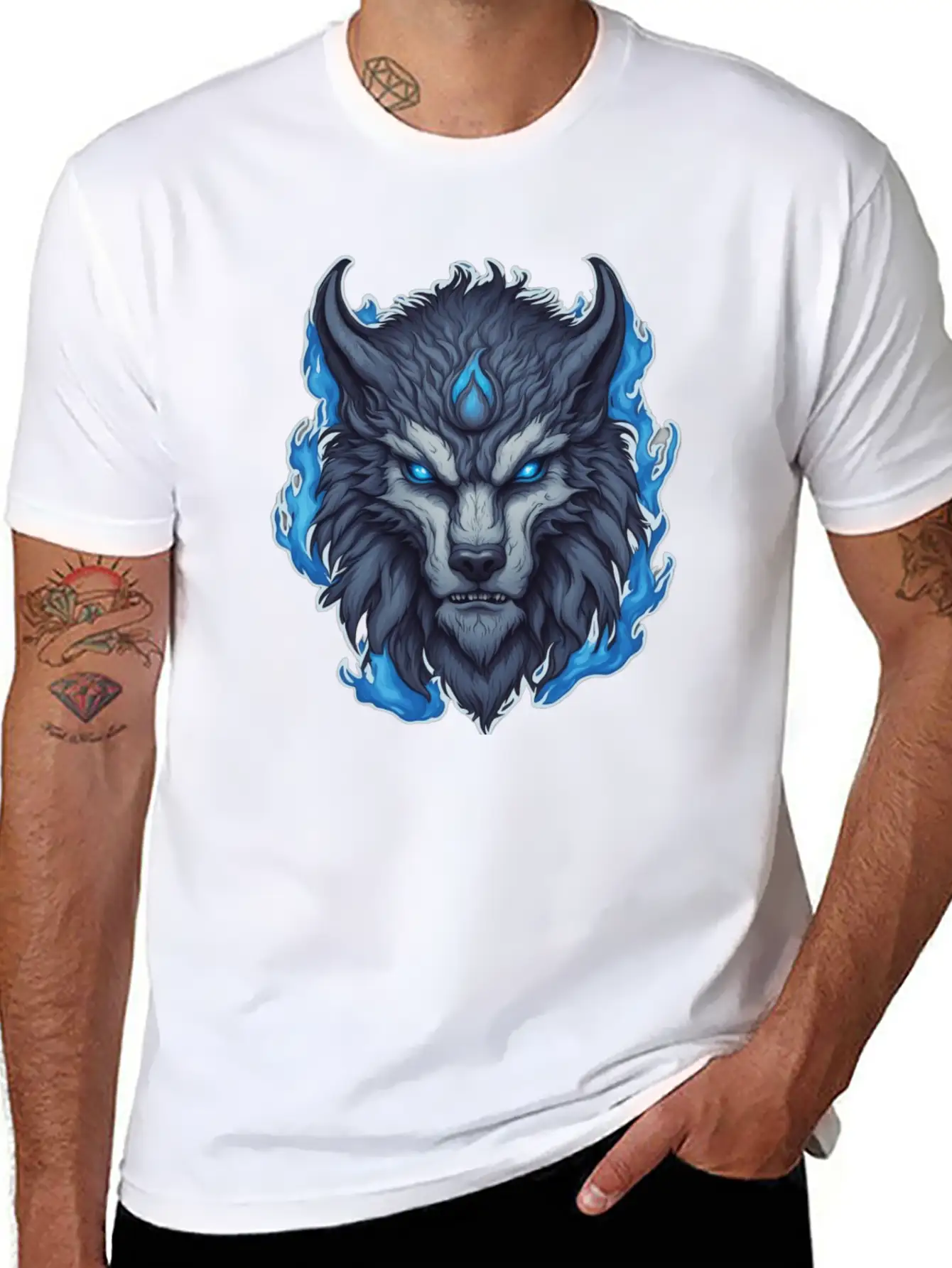 Azure Howler: Horned Wolf Essential Cotton Tee For Daily Outfits ¨C Unisex Style