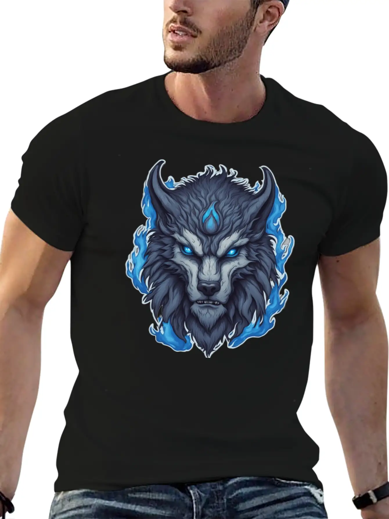Azure Howler: Horned Wolf Essential Cotton Tee For Daily Outfits ¨C Unisex Style
