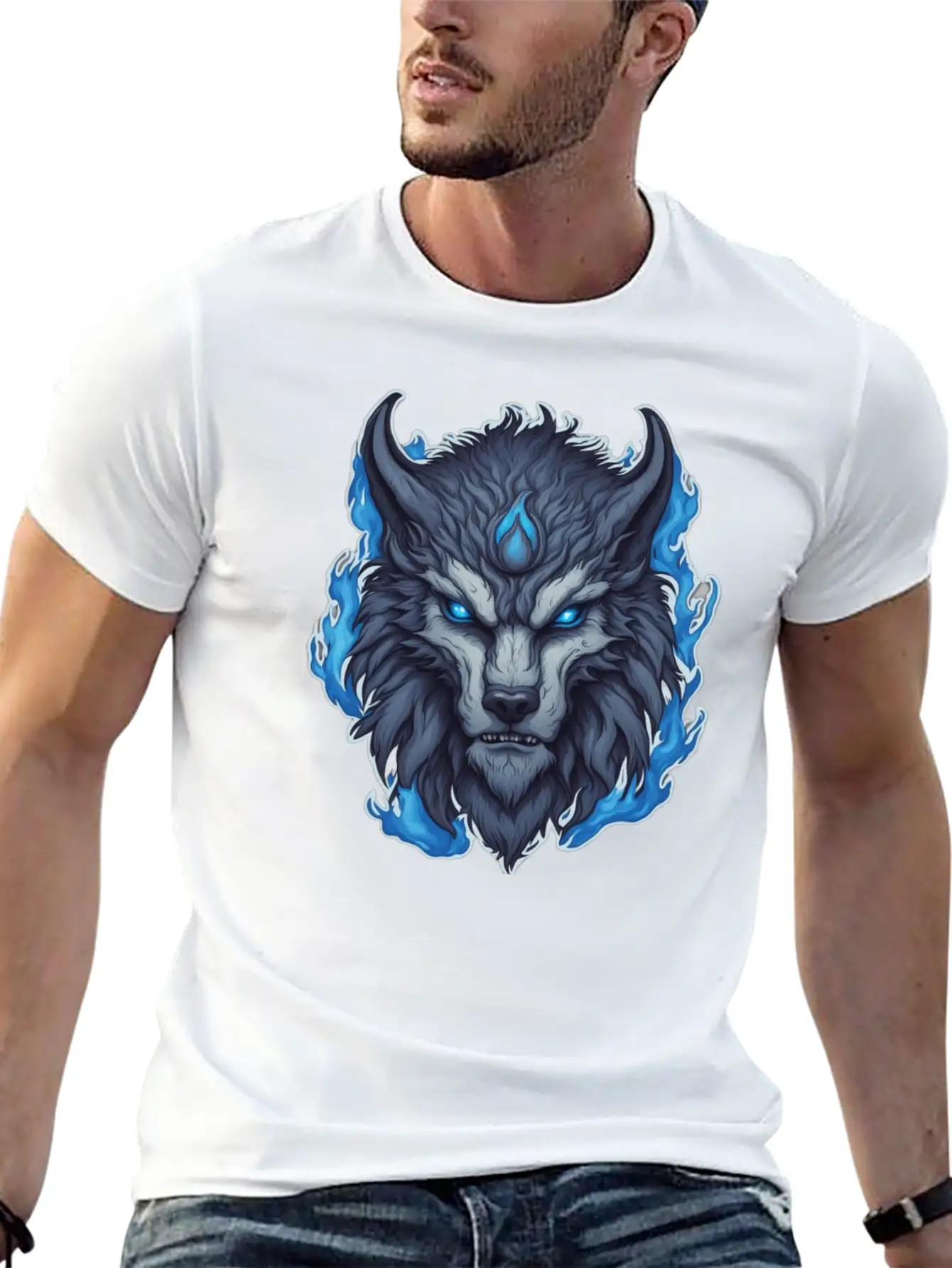 Azure Howler: Horned Wolf Essential Cotton Tee For Daily Outfits ¨C Unisex Style