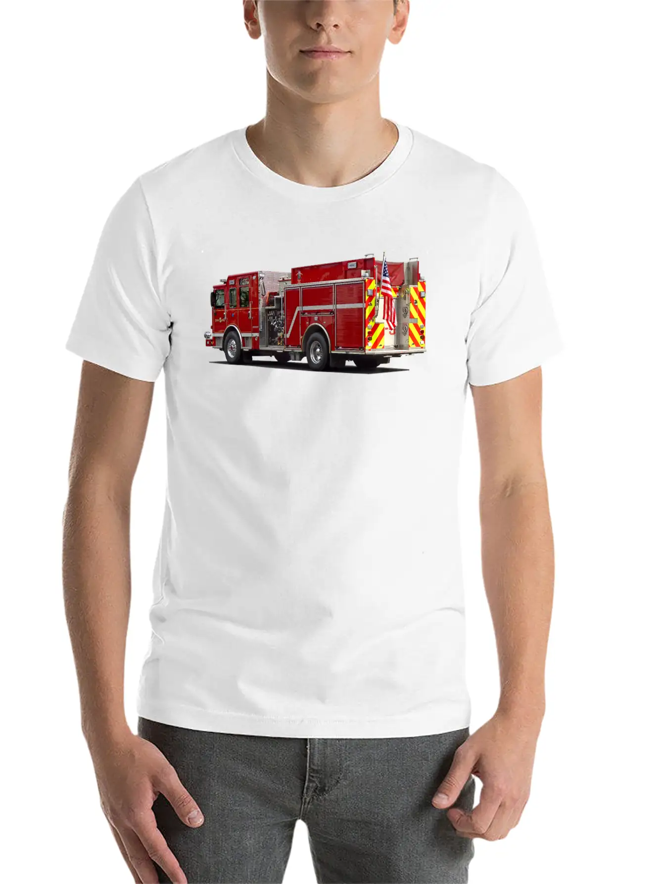 Back Of Fire Engine With American Flag Soft Cotton Short Sleeve Tee ¨C Unisex Wardrobe Staple