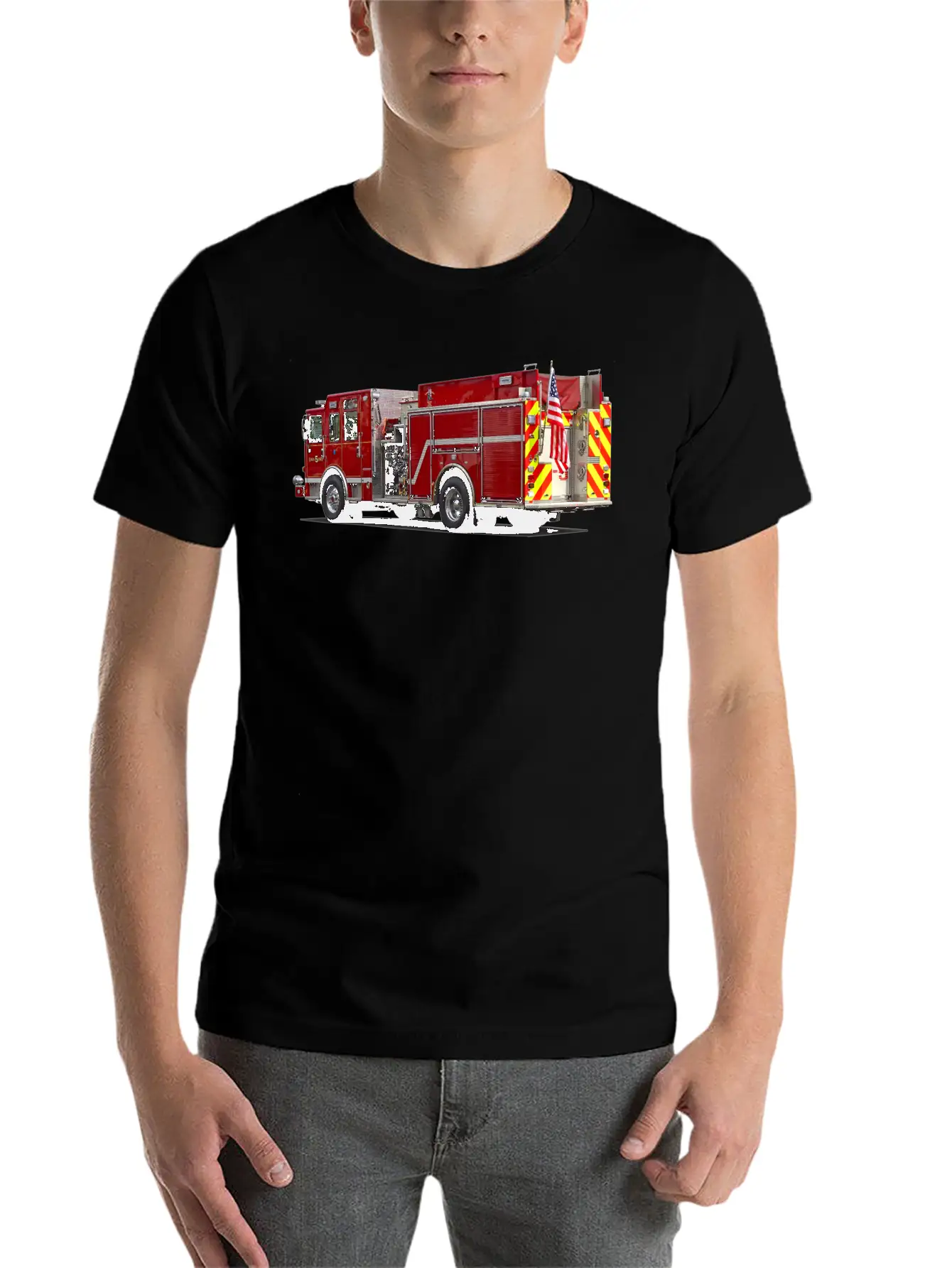 Back Of Fire Engine With American Flag Soft Cotton Short Sleeve Tee ¨C Unisex Wardrobe Staple